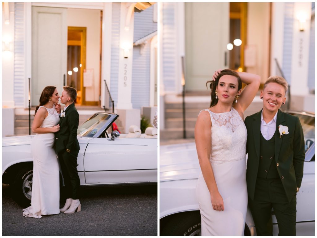 The couple poses by a white convertible outside Livaudais Hall