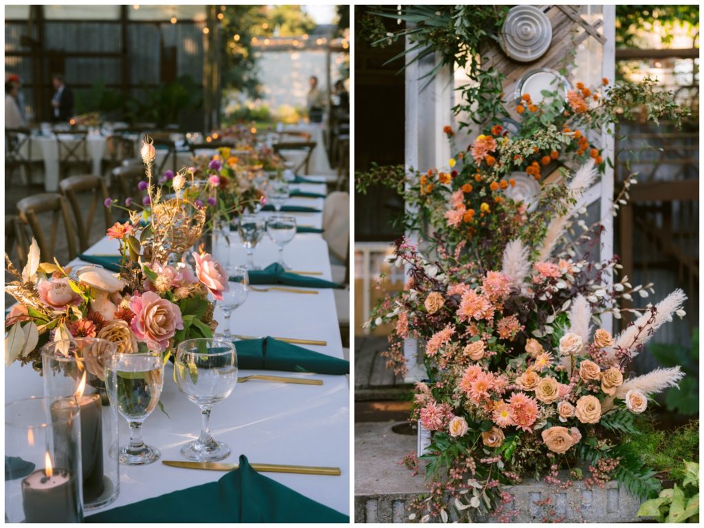 Floral installations of pink zinnias for the Music Box Village wedding
