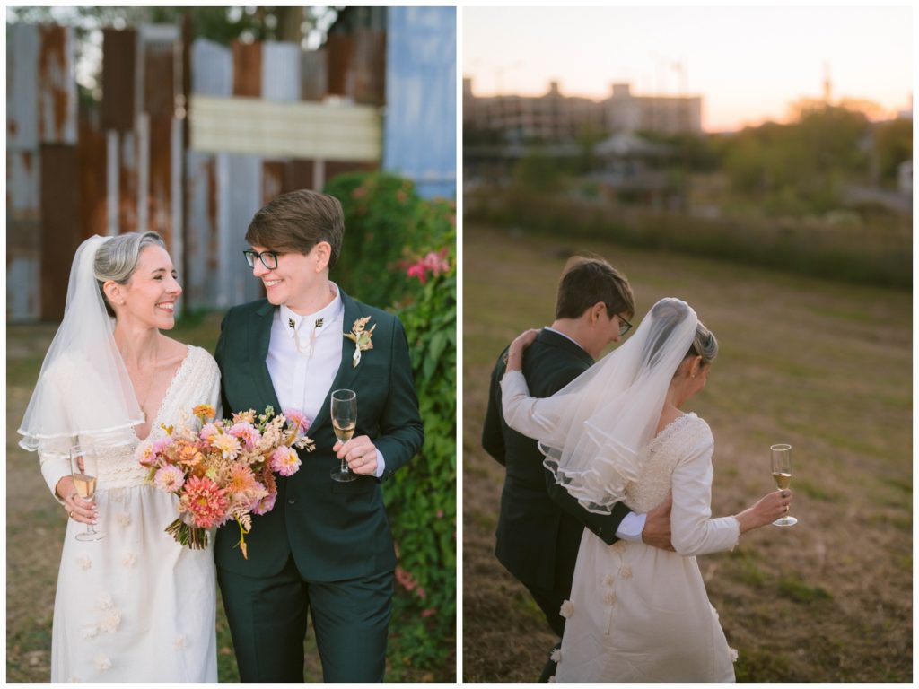 The couple walks to the levee to take portraits after their Music Box Village wedding