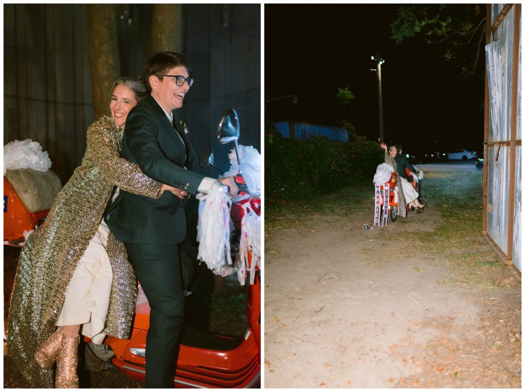 The couple departs their Music Box Village wedding on a decorated scooter