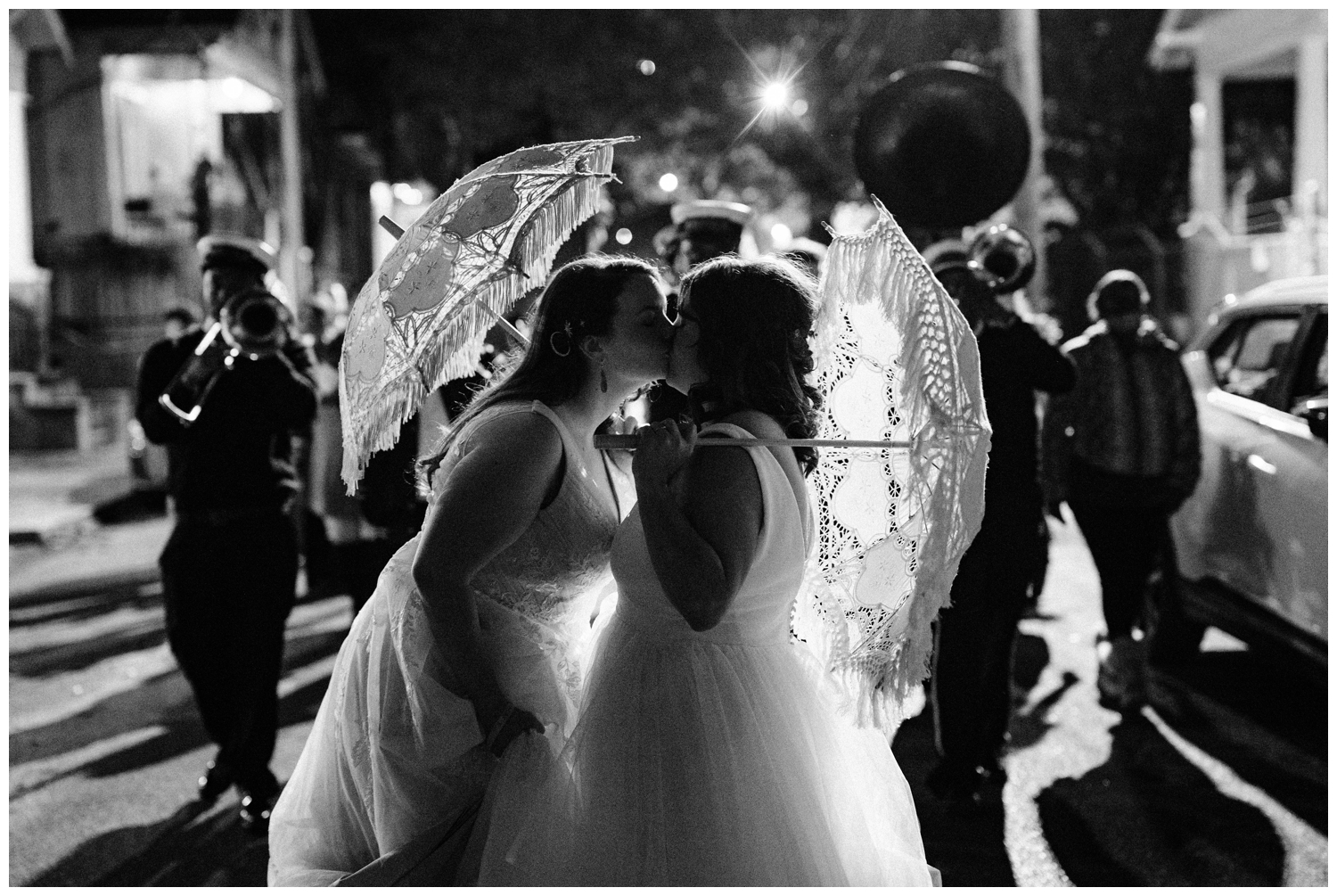 A second line at a two bride wedding in New Orleans