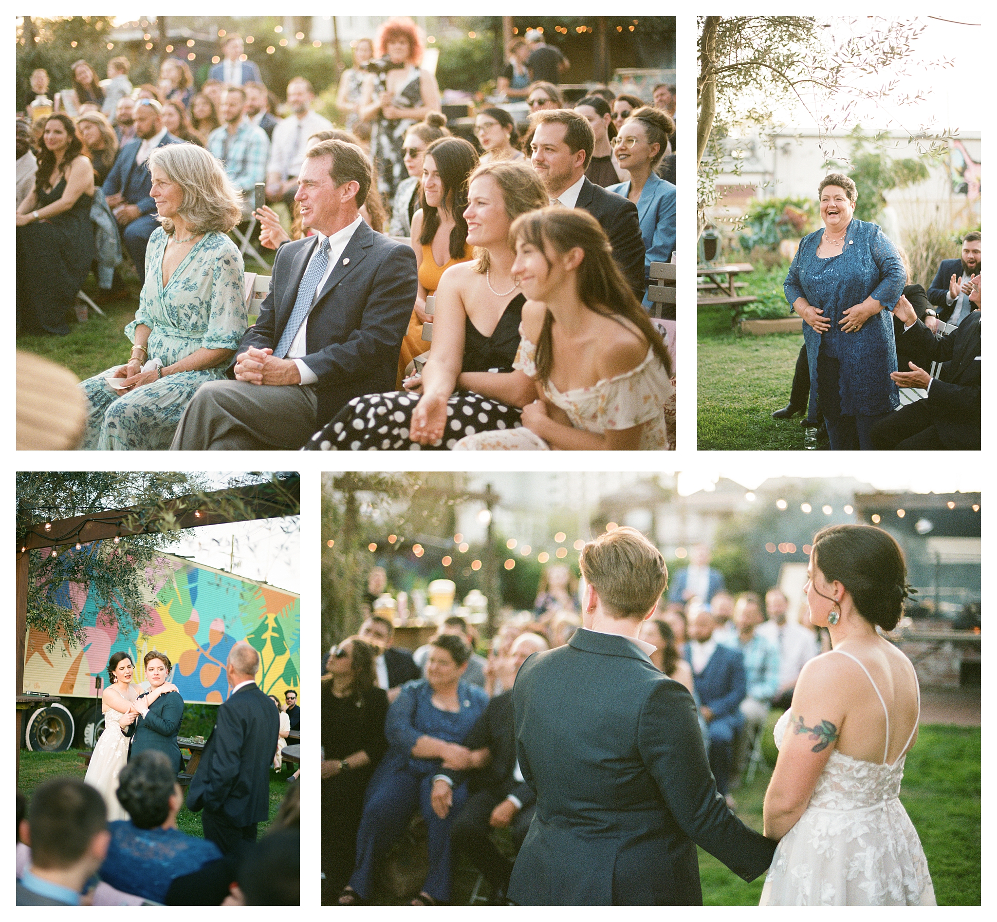 Guests laugh at a garden wedding at Paradigm Gardens