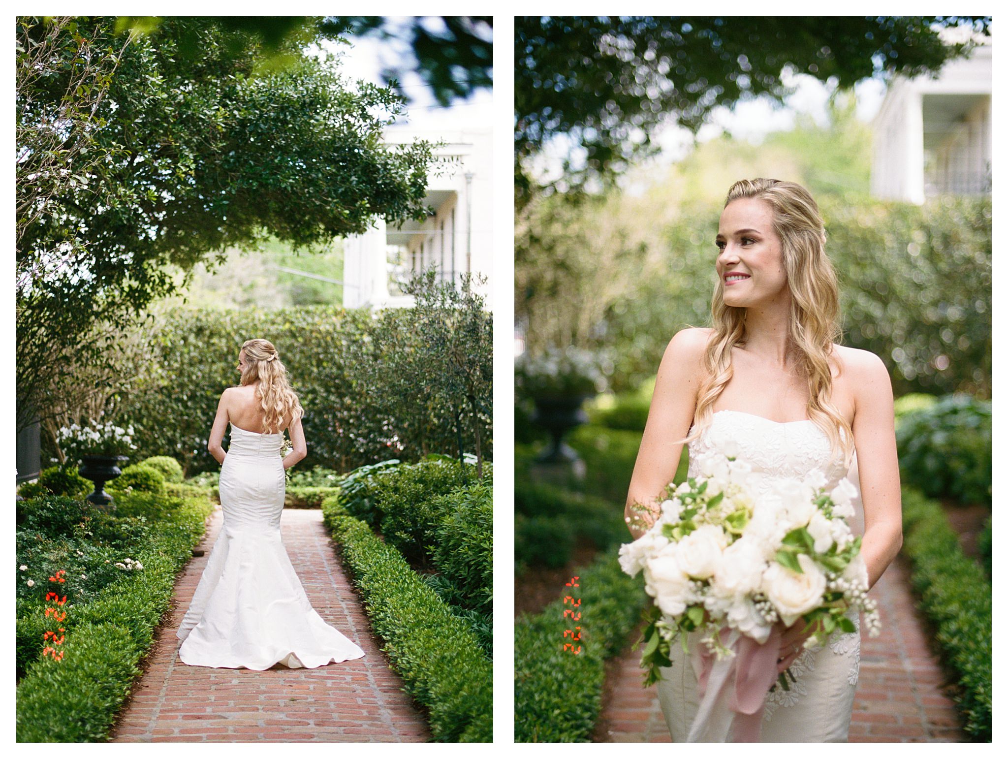 A bride walks down a path for a New Orleans Garden District wedding.