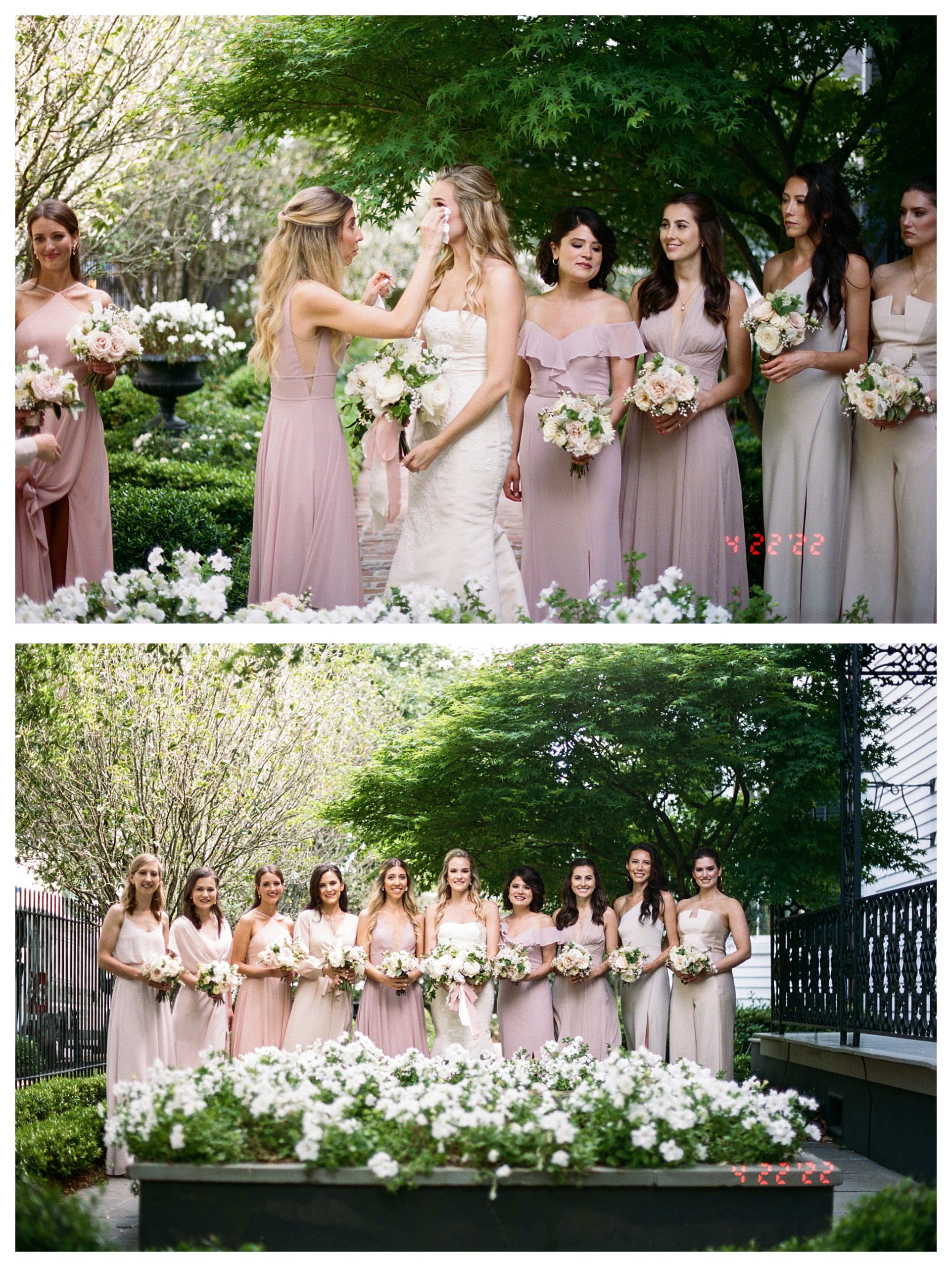 The bride poses with her bridesmaids holding flowers.