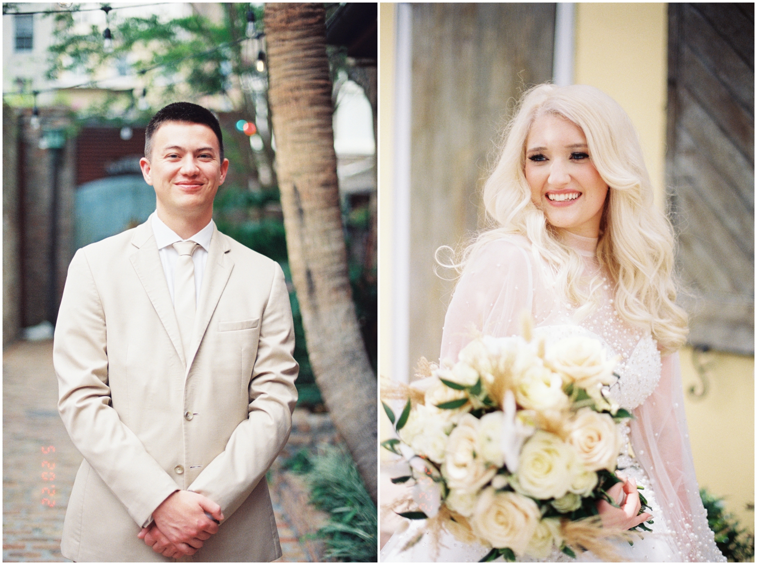 A bride and groom pose in different locations for wedding portraits on film.