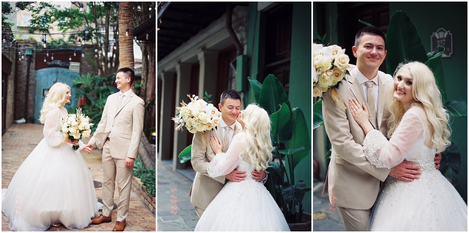 A couple has their first look for their intimate wedding in New Orleans.