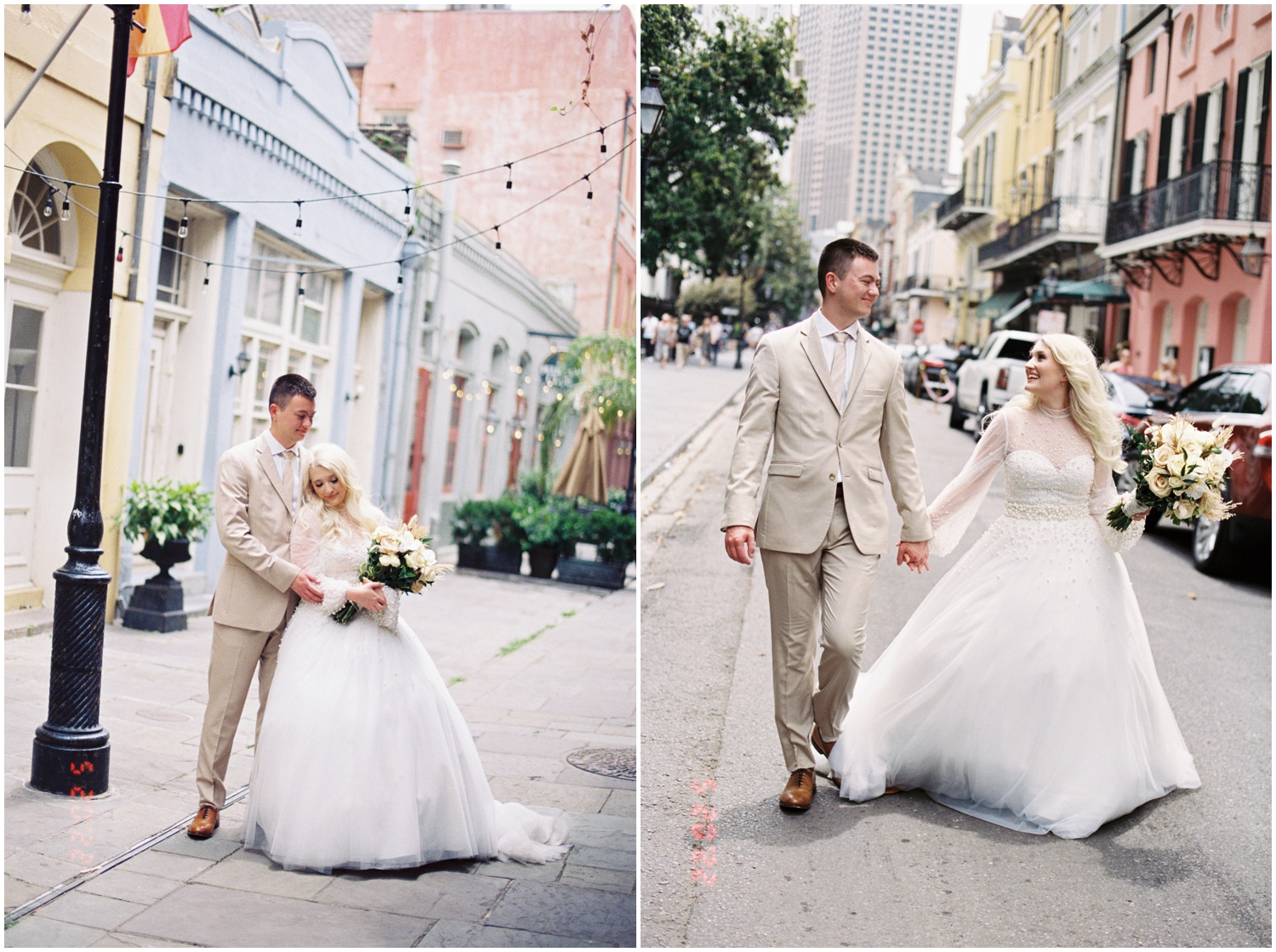 A bride and groom walk down a French Quarter street.