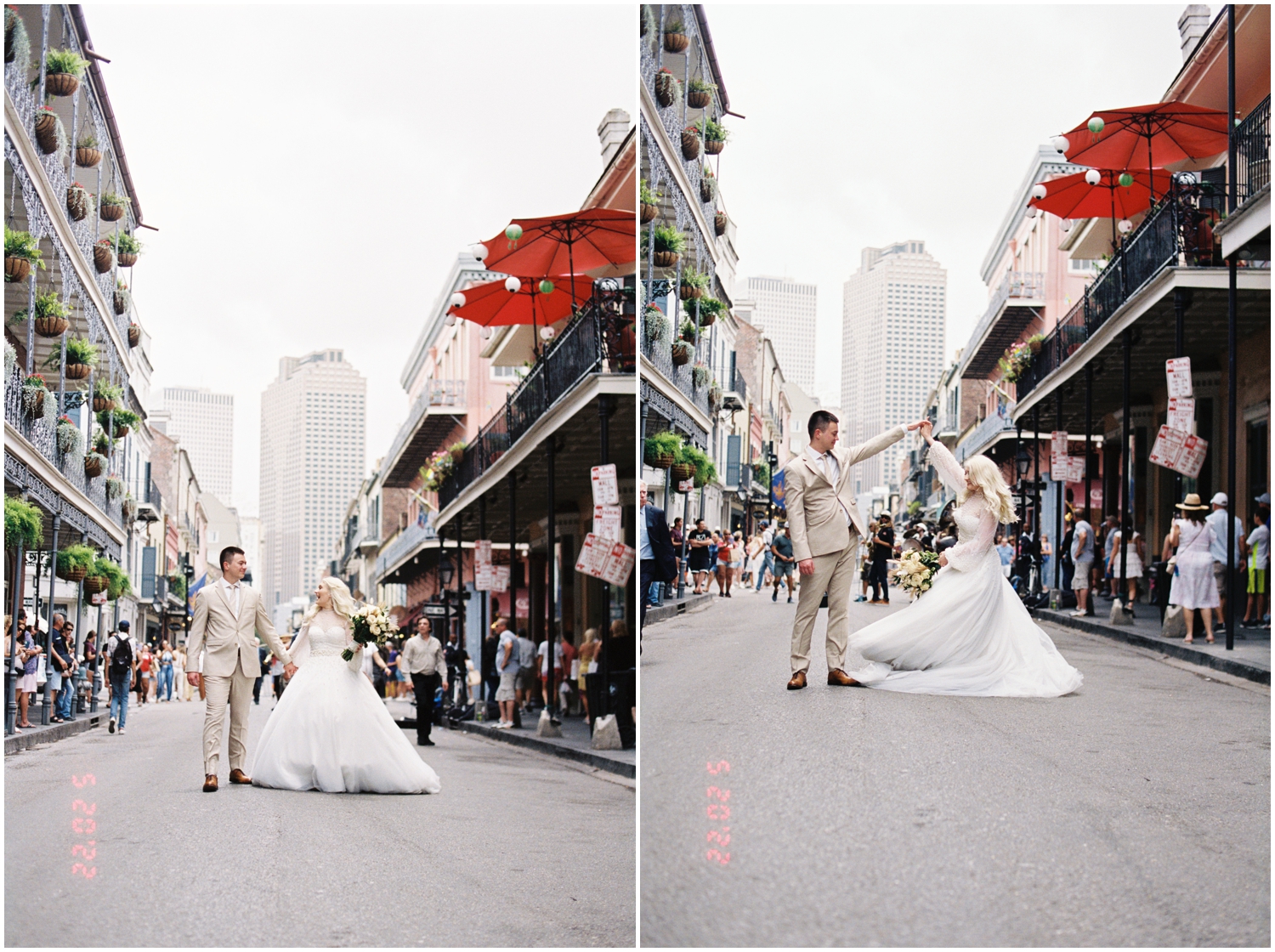 A groom twirls a bride in the street before their intimate wedding.