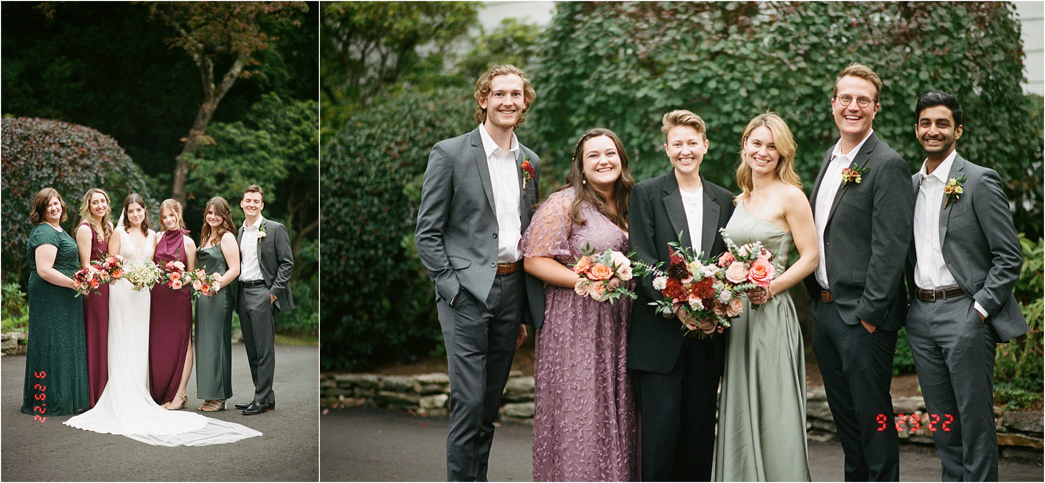 Nora and Lex pose with their wedding parties for film wedding photos.