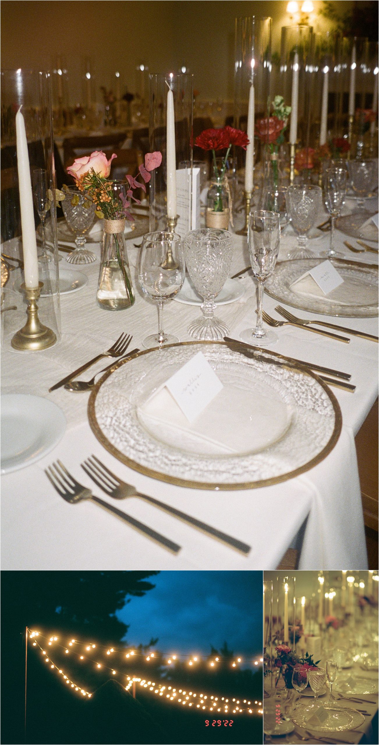 Candles light a long white table set with glassware and florals for the New England wedding reception.