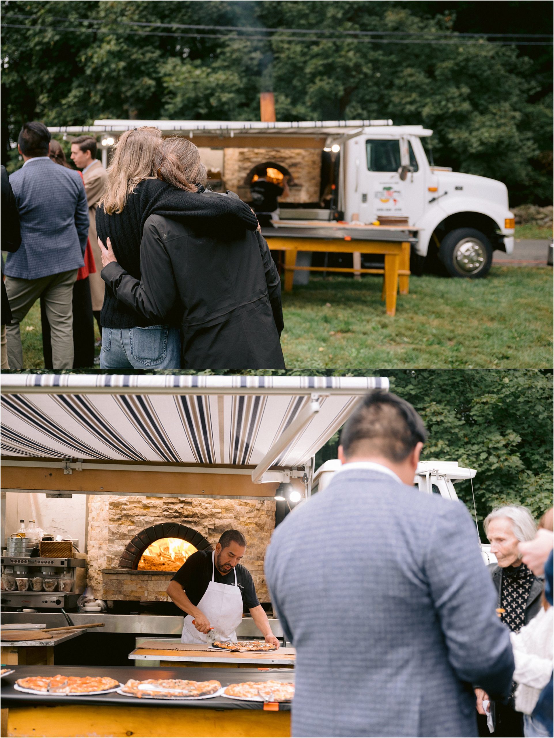 Wedding guests line up for wood-fired pizza from a large white food truck.