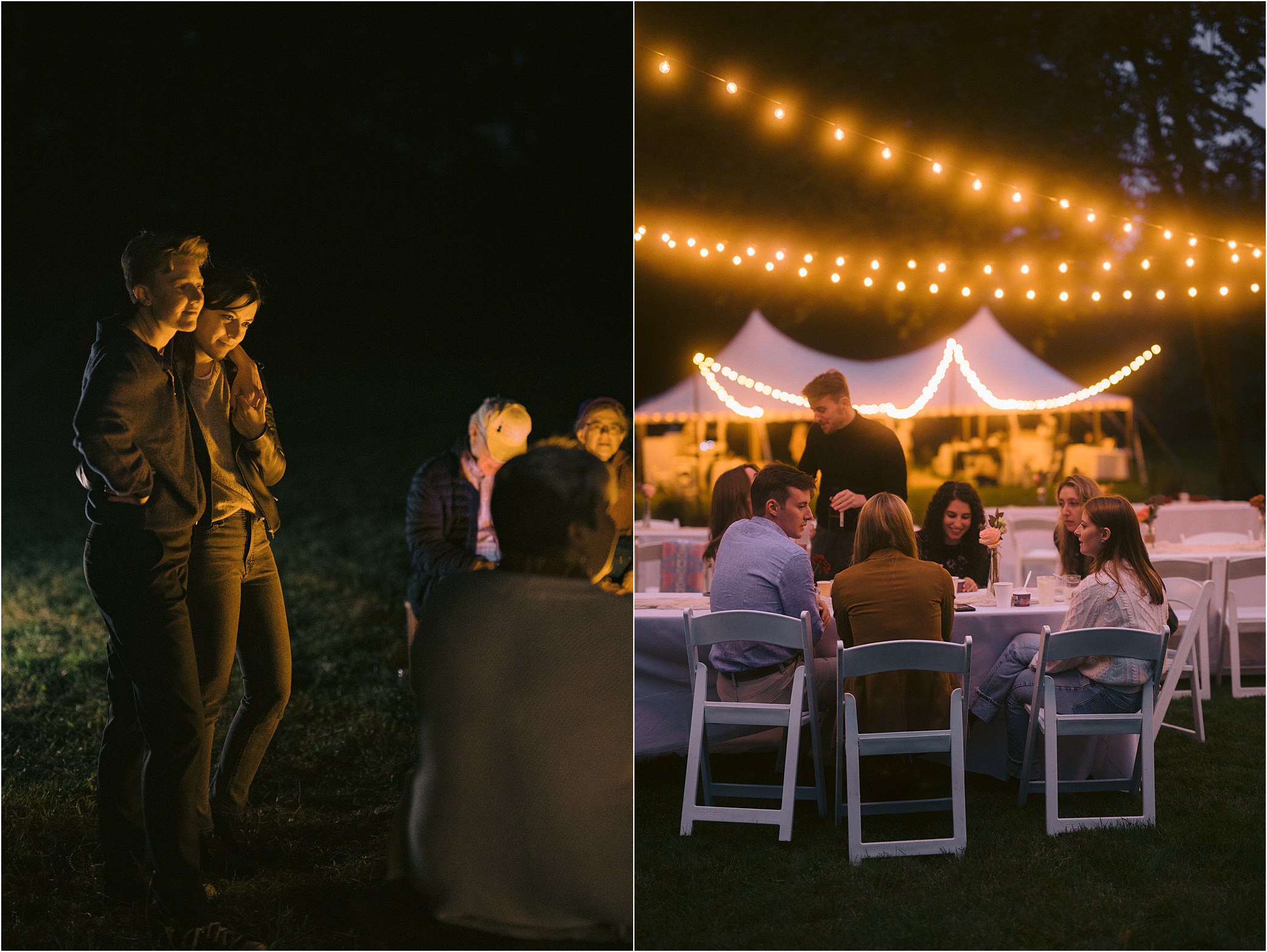Strings of lights illuminate guests at long white tables during a backyard wedding reception.