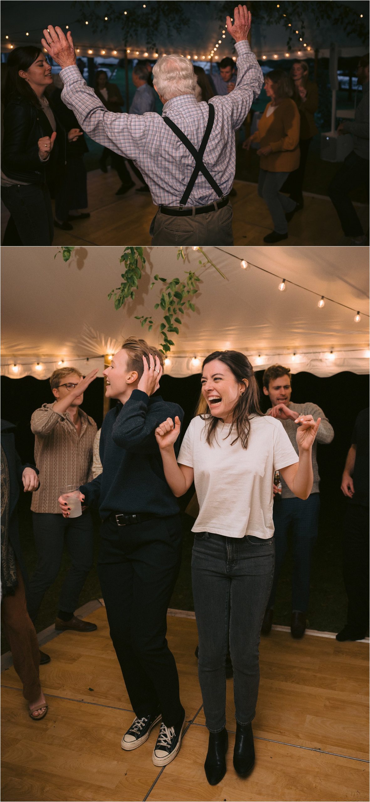 Wedding guests join Lex and Nora on the dance floor of their tent.