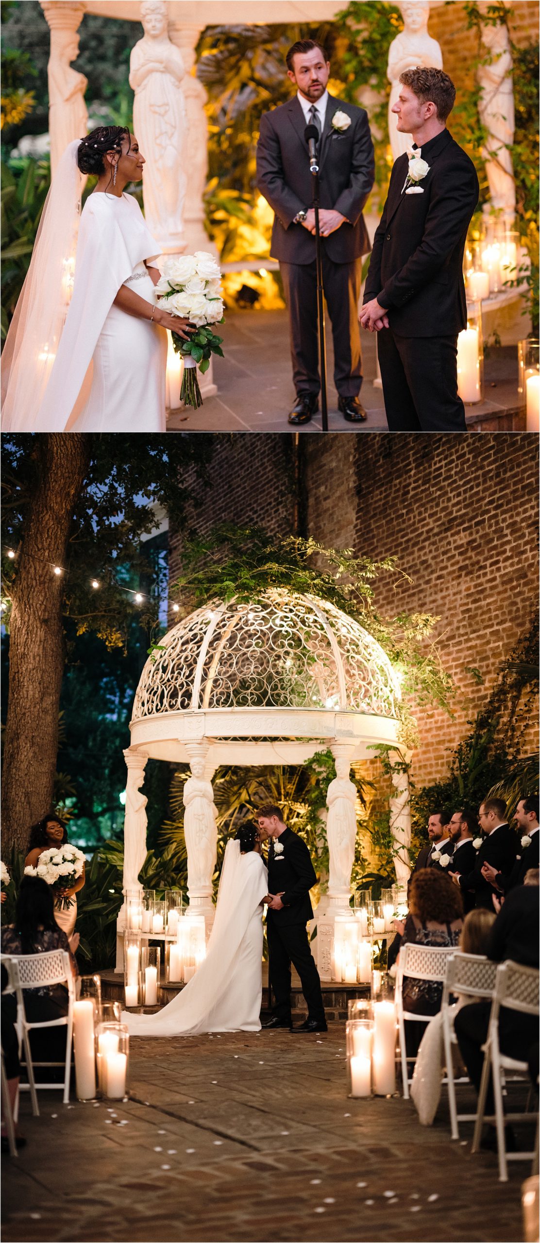 A bride and groom kiss surrounded by pillar candles in a courtyard wedding.