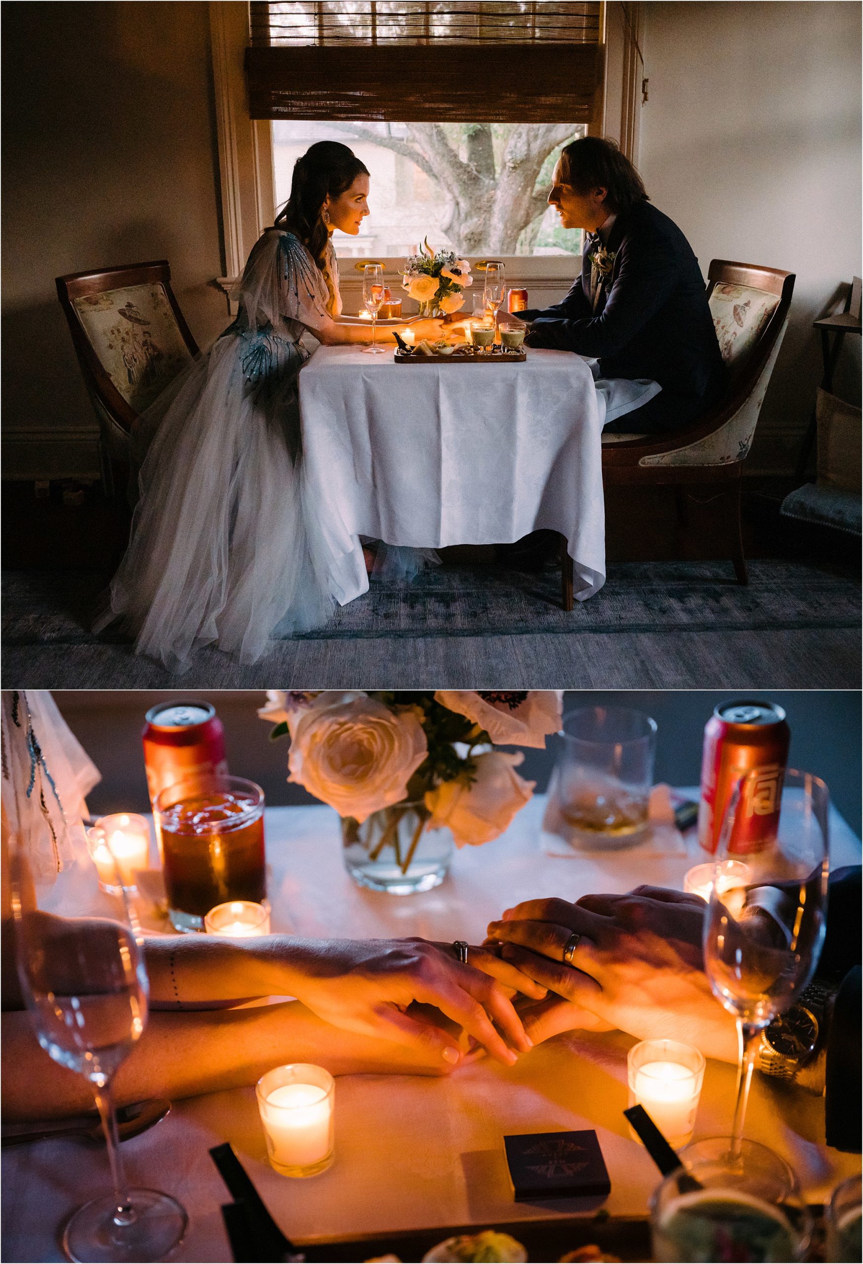 A couple holds hands at a private candlelit reception table beside a window.