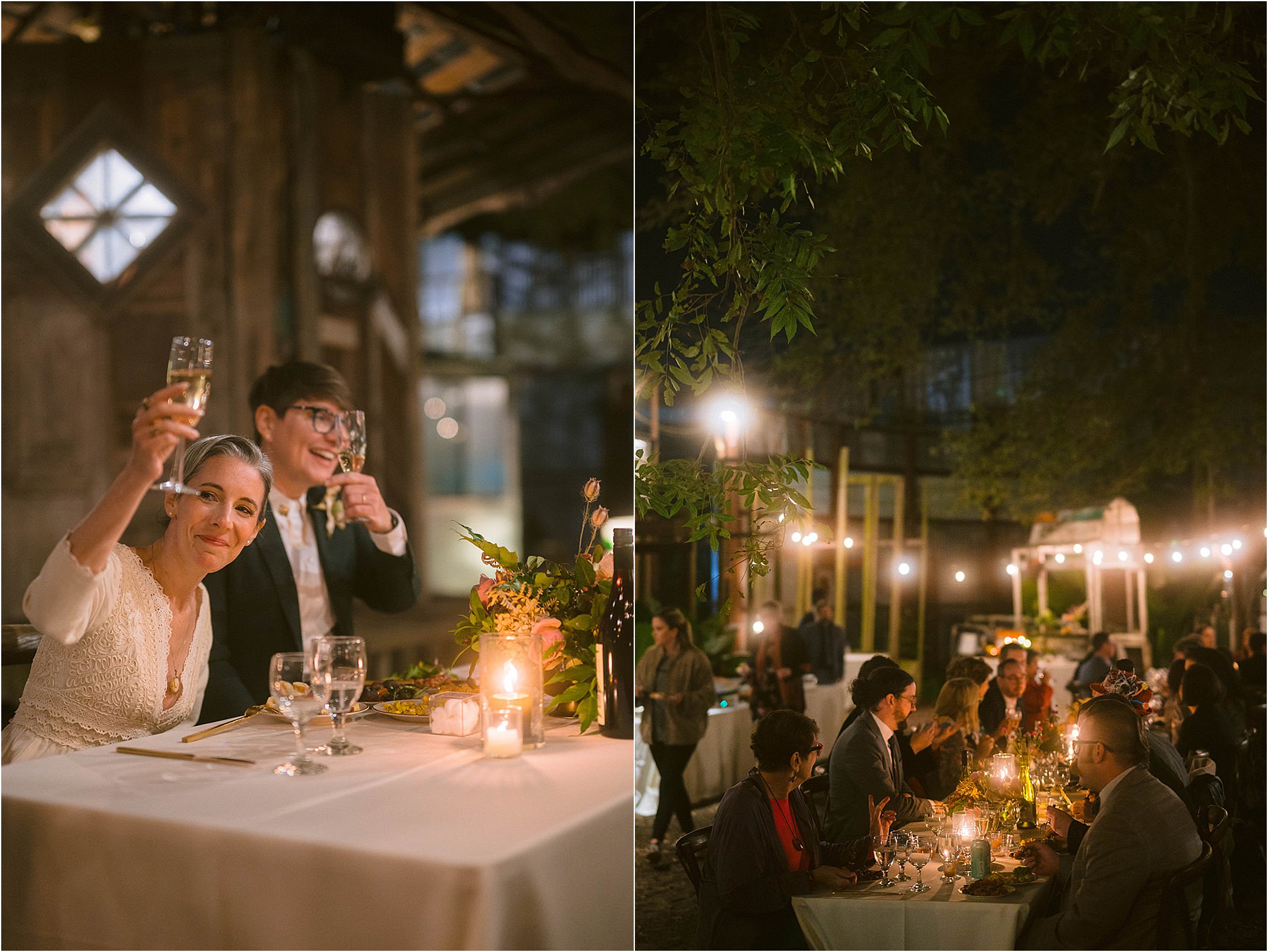 A couple raises their glasses for a toast at their candlelit wedding reception outdoors.