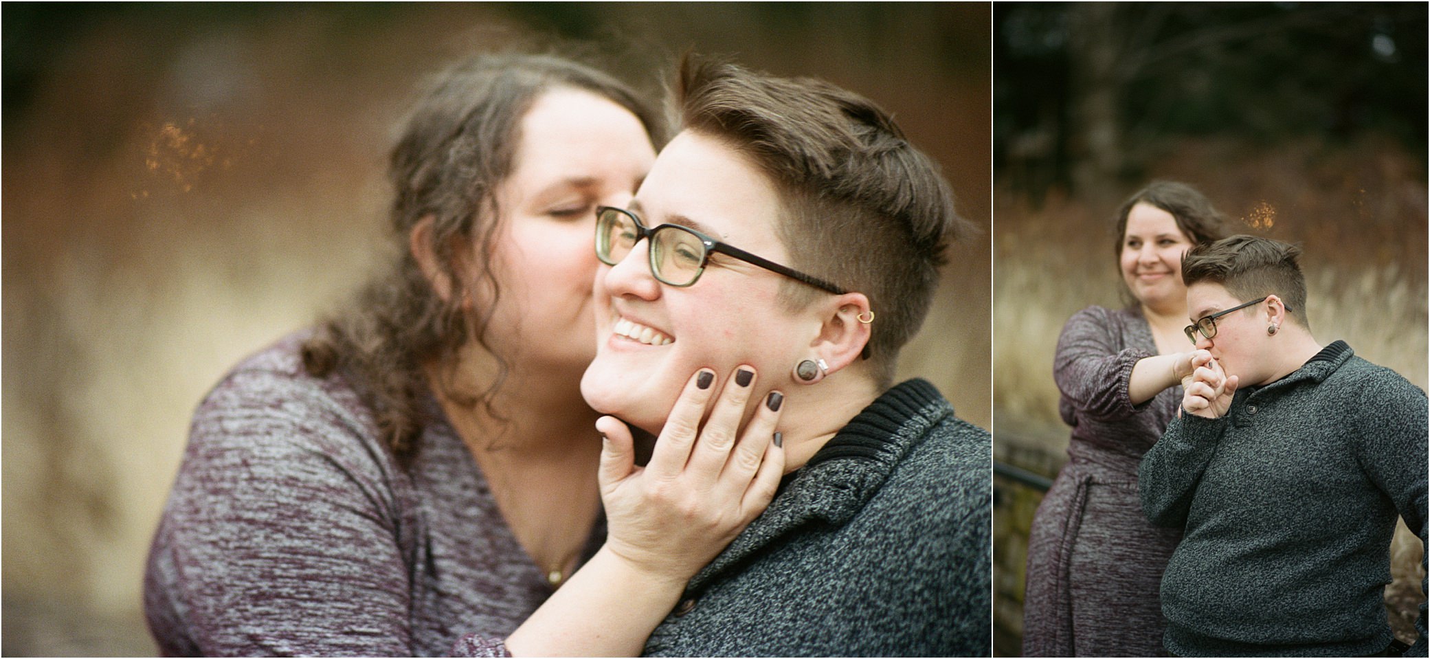 A woman kisses her fiance's cheek in Philadelphia engagement photos.