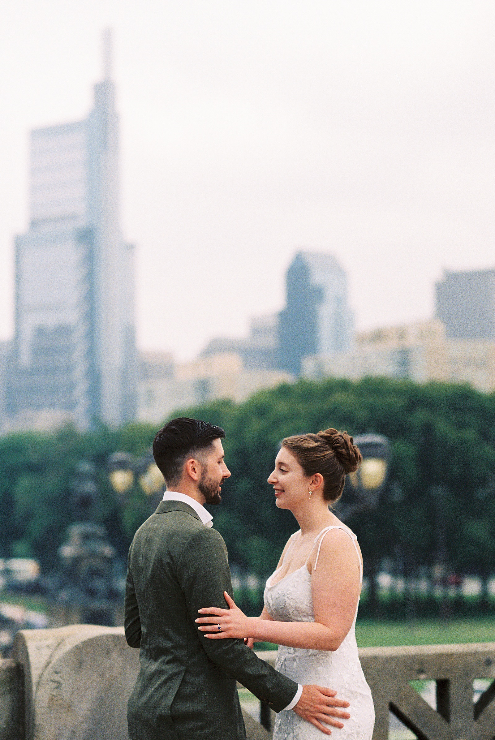 A bride and groom embrace at the first look for their Philadelphia elopement on film photography.