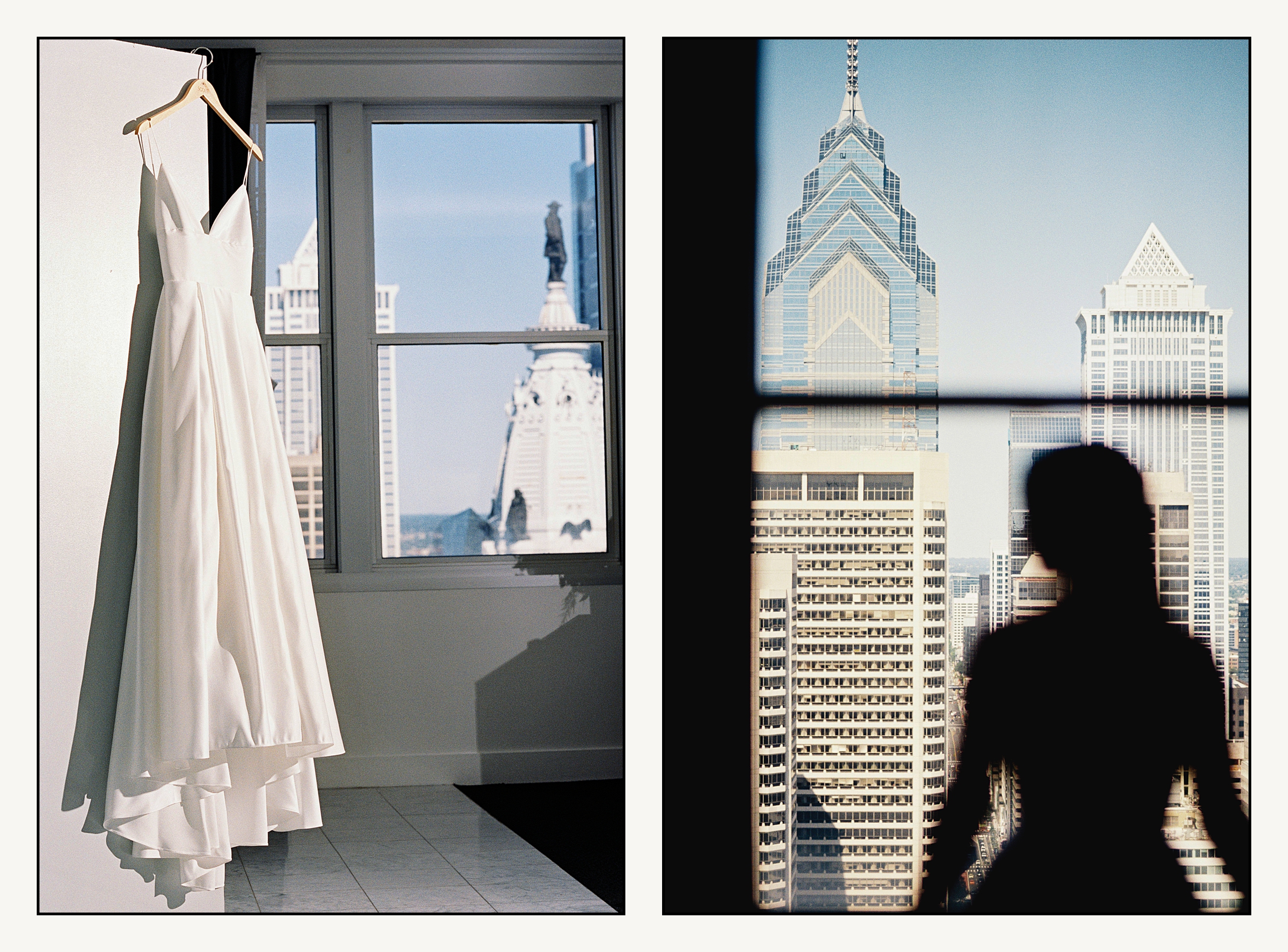 A wedding dress hangs on a hotel door with Philadelphia City Hall out the window.