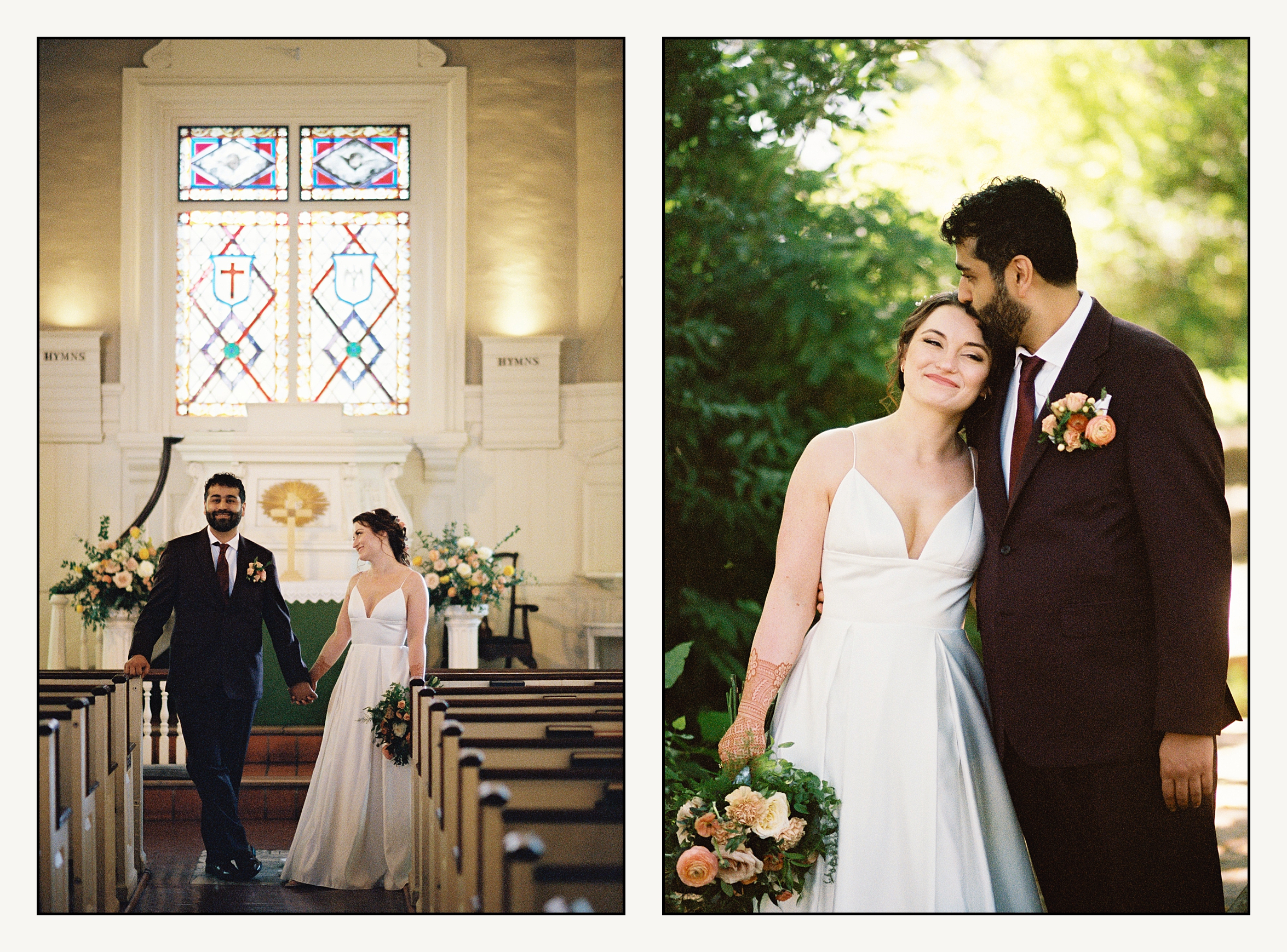 A bride and groom pose for a film wedding photographer in the garden of a historic Philadelphia wedding venue.