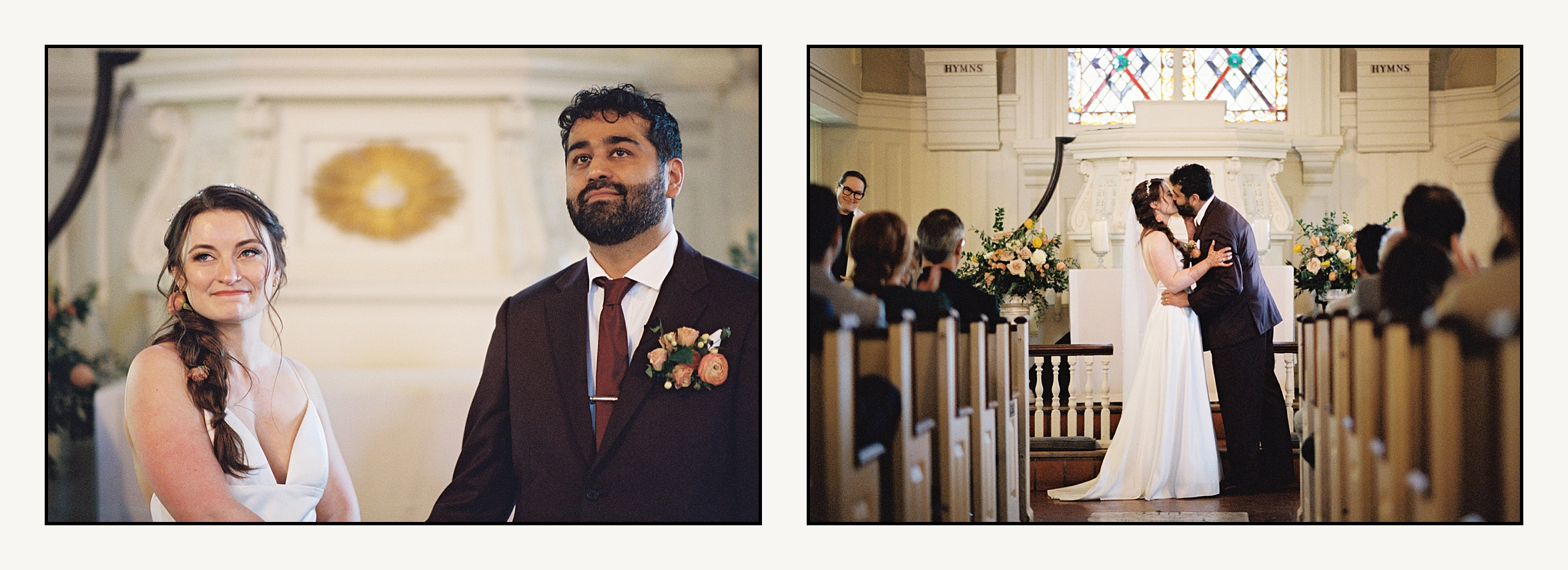 A bride and groom hold hands and smile while they listen to someone speaking during their multicultural wedding ceremony.