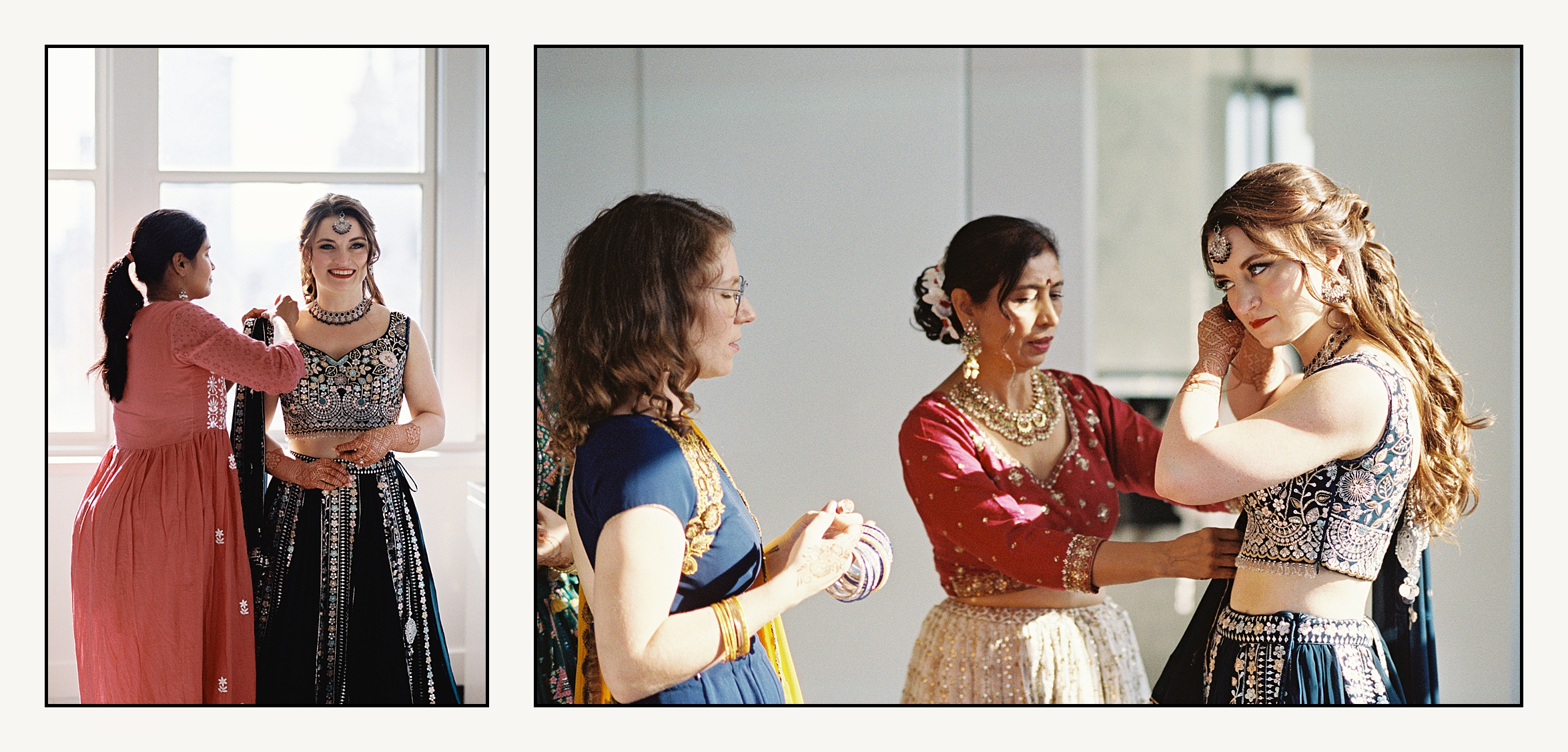 A bride puts on a blue and gold sari for an Indian wedding in Philadelphia.