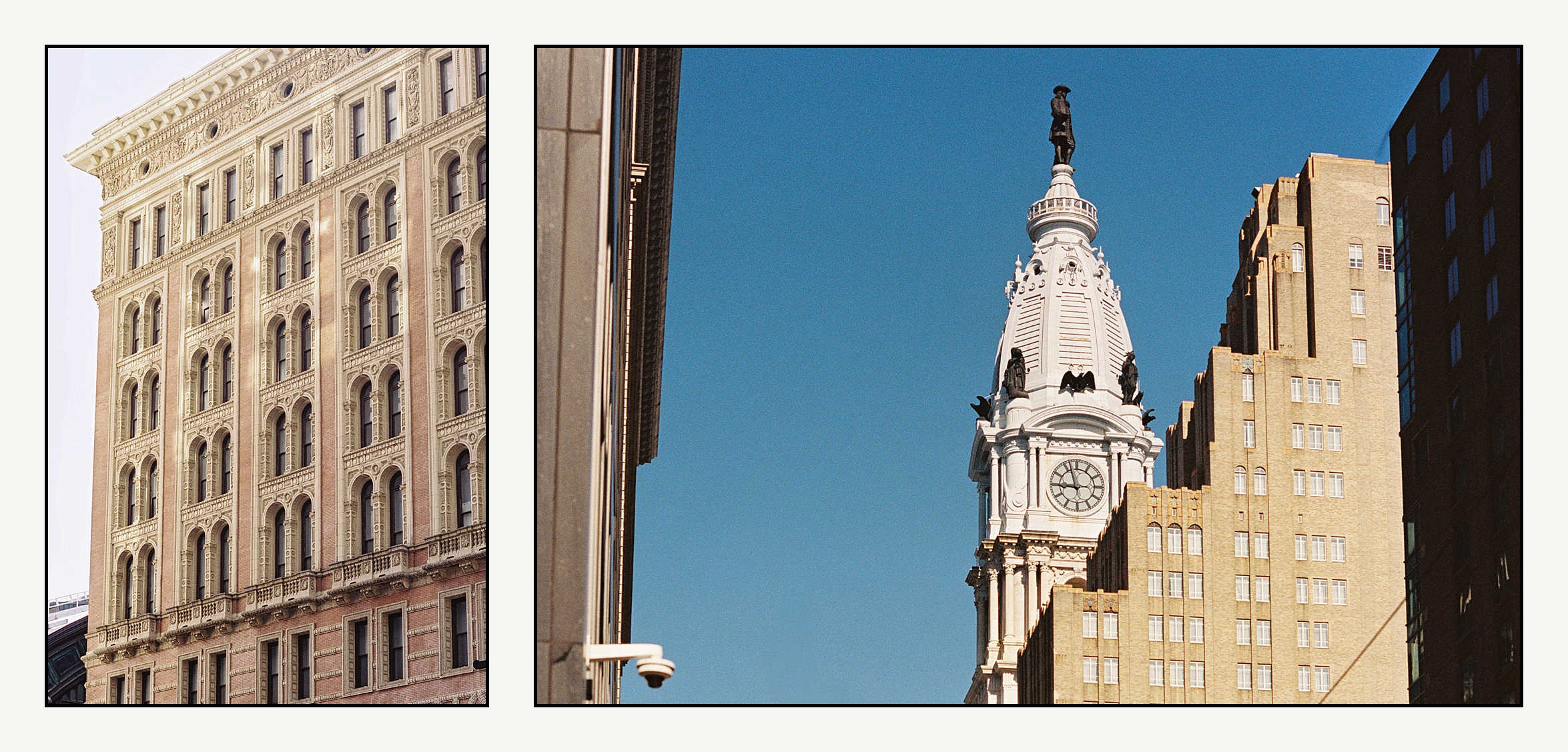 Philadelphia City Hall rises behind a skyscraper in a film photo.