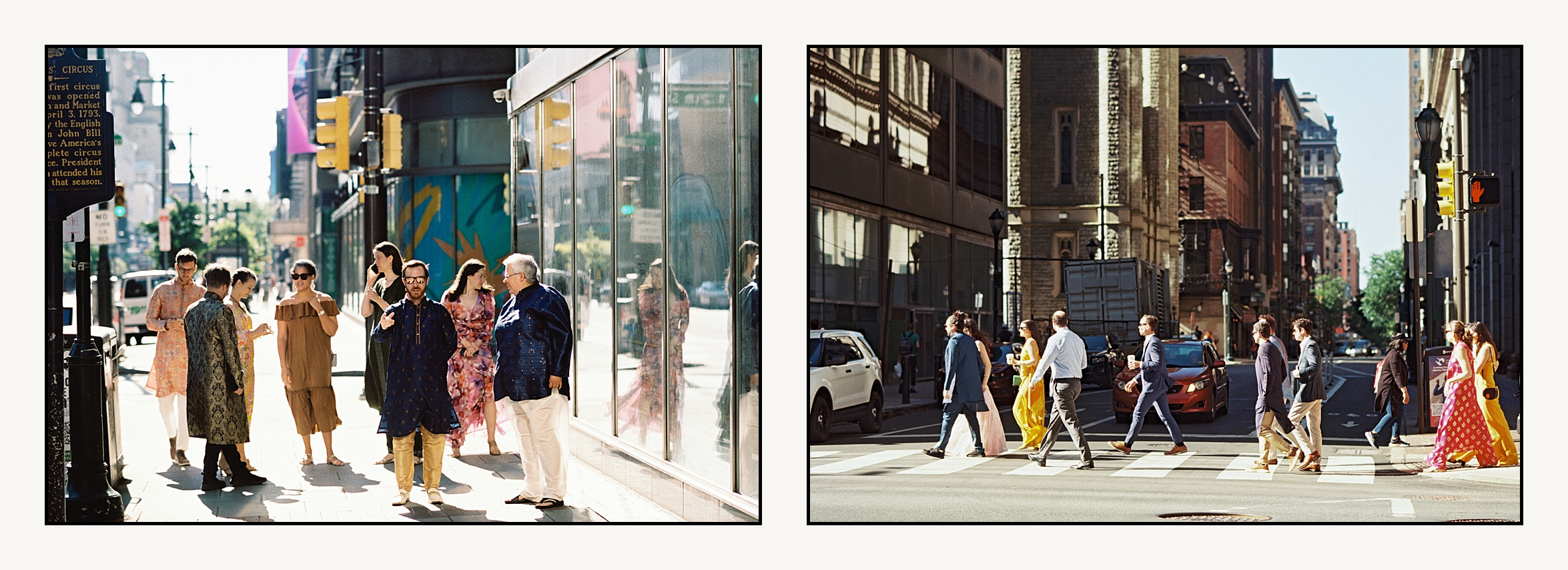 Wedding guests cross a street in Center City Philadelphia in a film wedding photo.