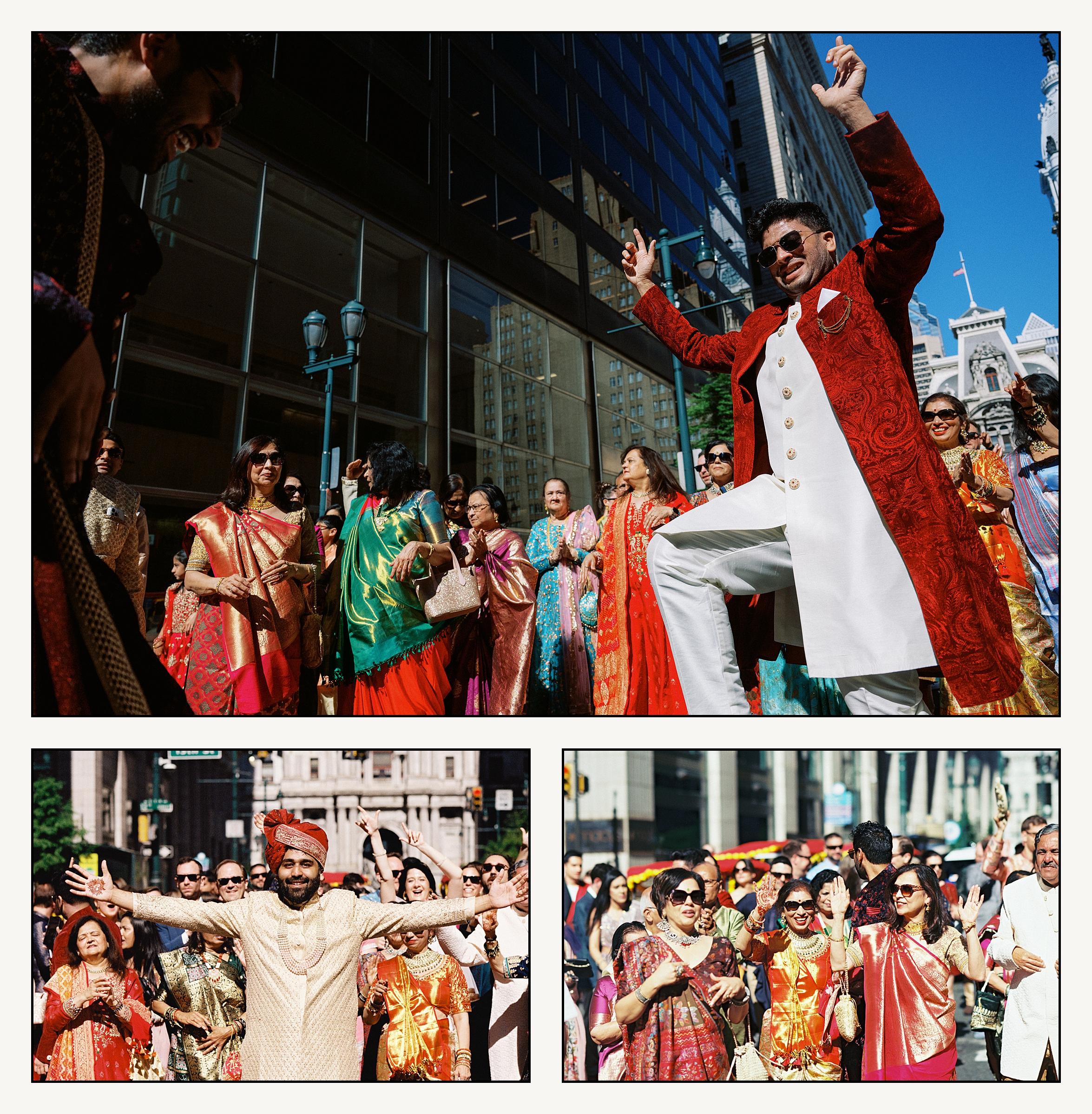 Wedding guests dance in a traditional Indian wedding parade in Center City Philadelphia.