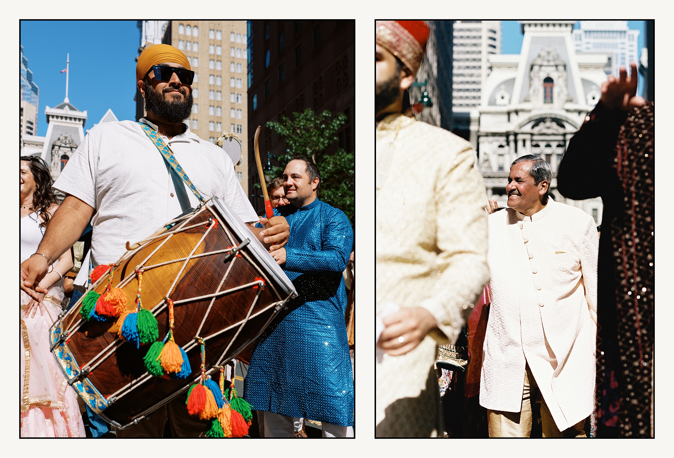 A man wears a drum decorated with colorful tassels during a baraat in Philadelphia.