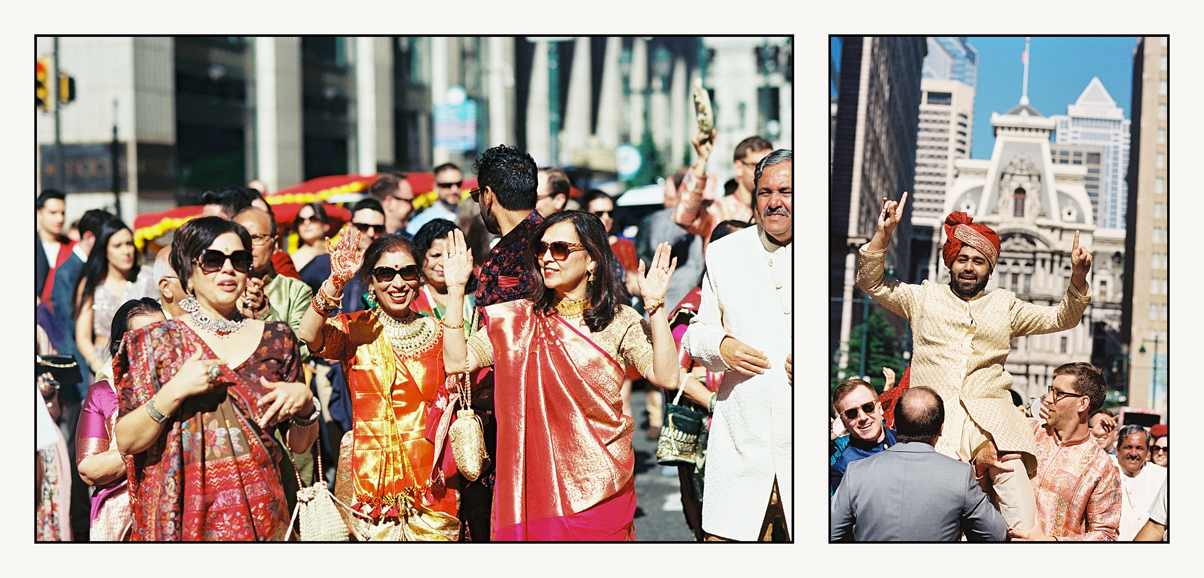 Women in saris dance on a Philadelphia sidewalk during a baraat at an Indian wedding.