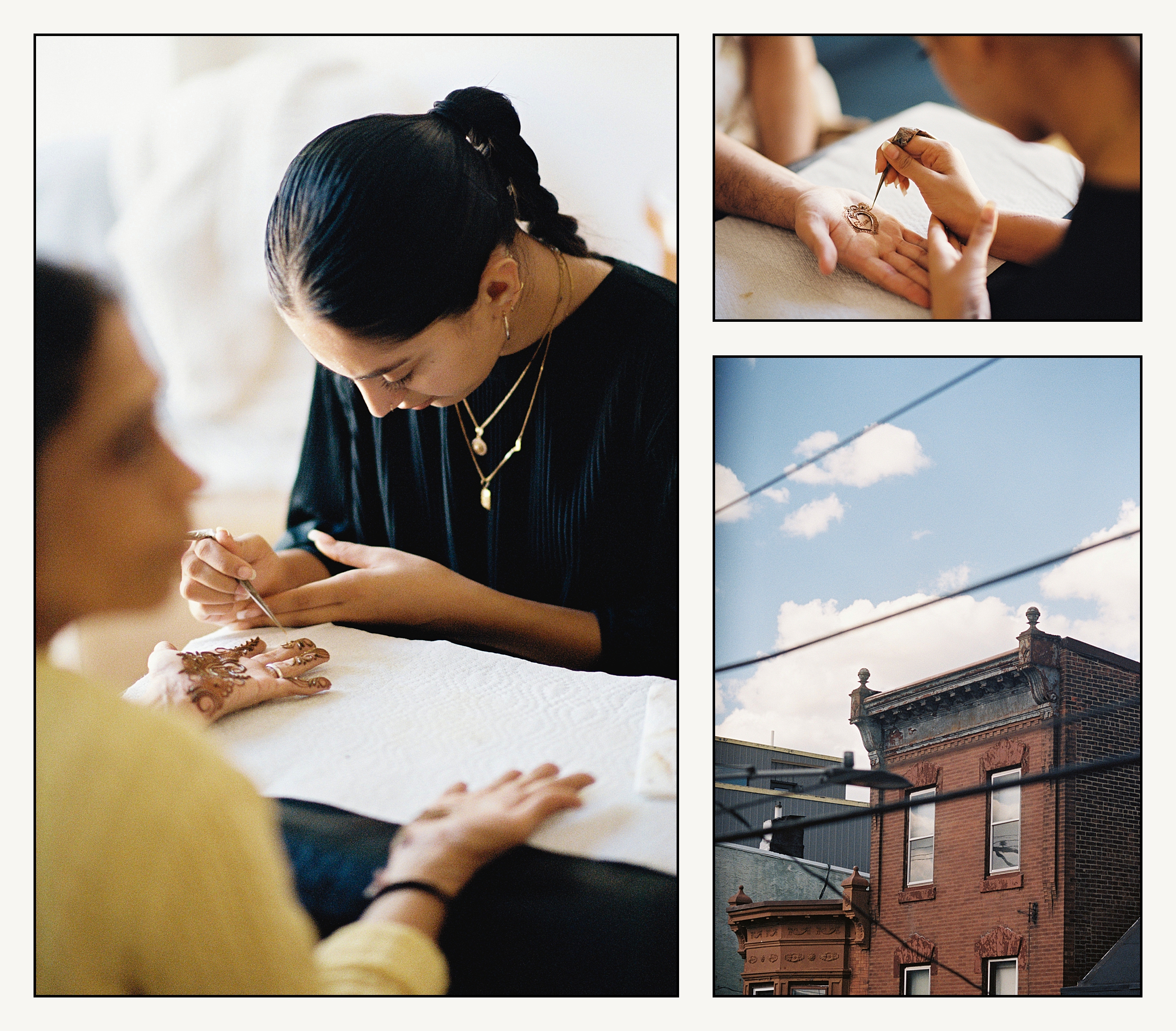 A henna artist paints a woman's hand before an Indian wedding in the Fishtown neighborhood of Philadelphia.