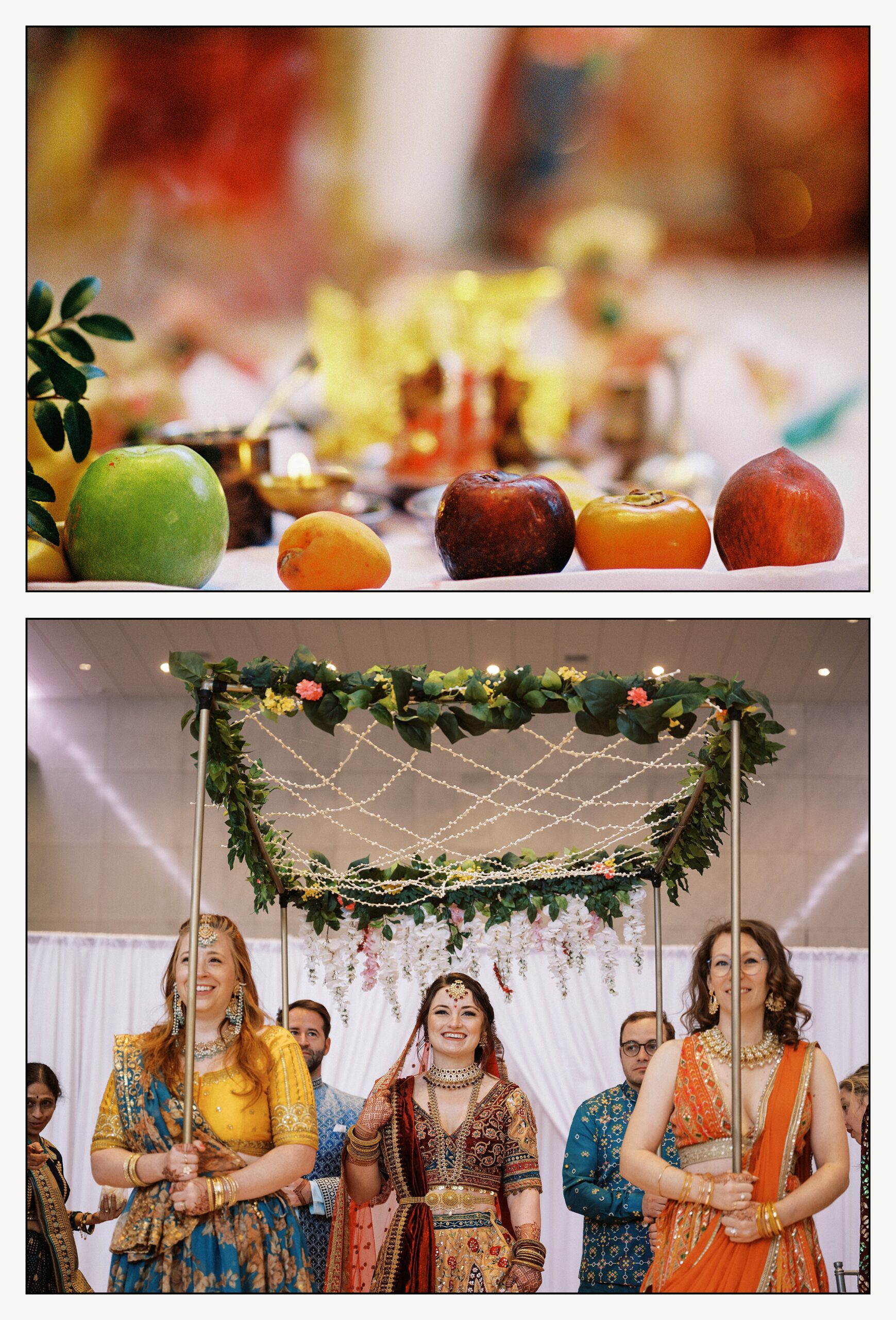 Bridesmaids hold a floral canopy over a bride at an Indian wedding in Philadelphia.