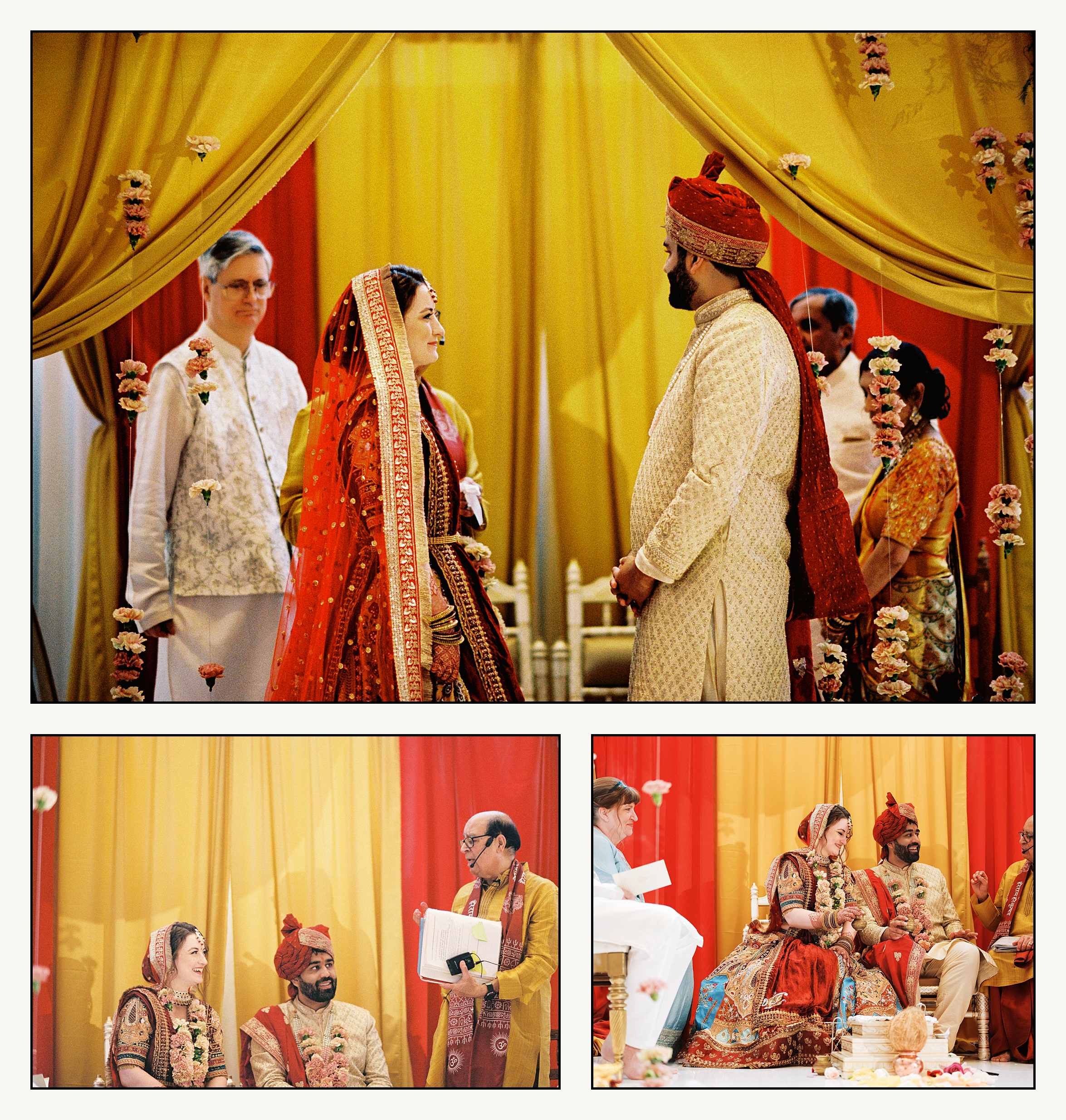 A bride and groom sit side by side in front of a fire during an Indian wedding ceremony at the Lowe's Philadelphia.