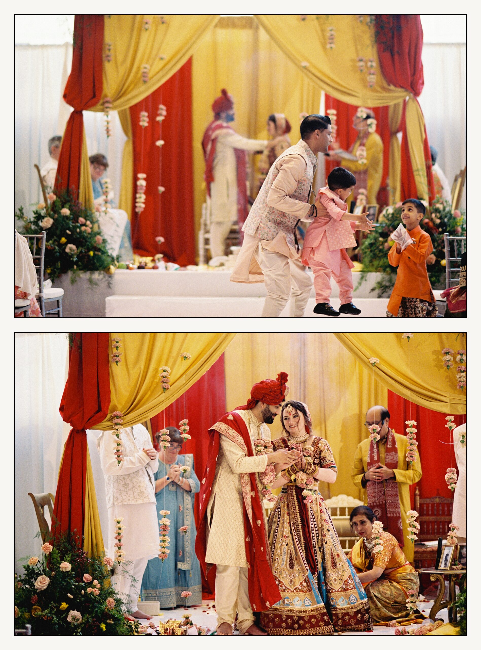 A father picks up two boys who are running in front of a wedding ceremony in a hotel ballroom.