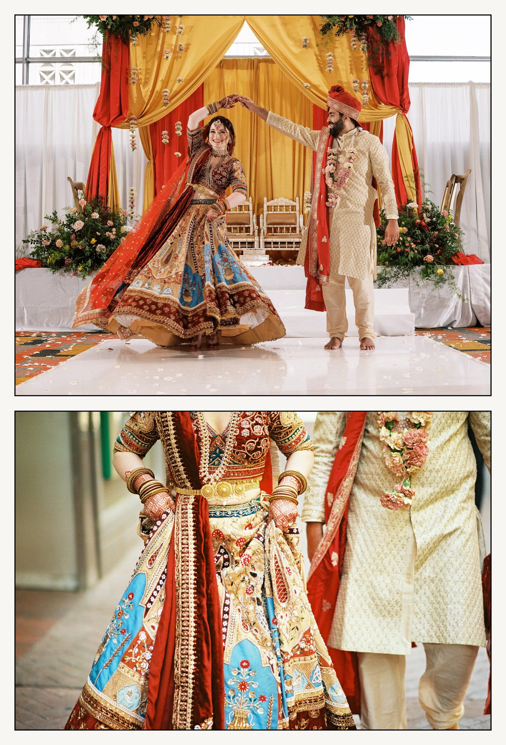 A groom spins a bride after an Indian wedding ceremony in a hotel ballroom.