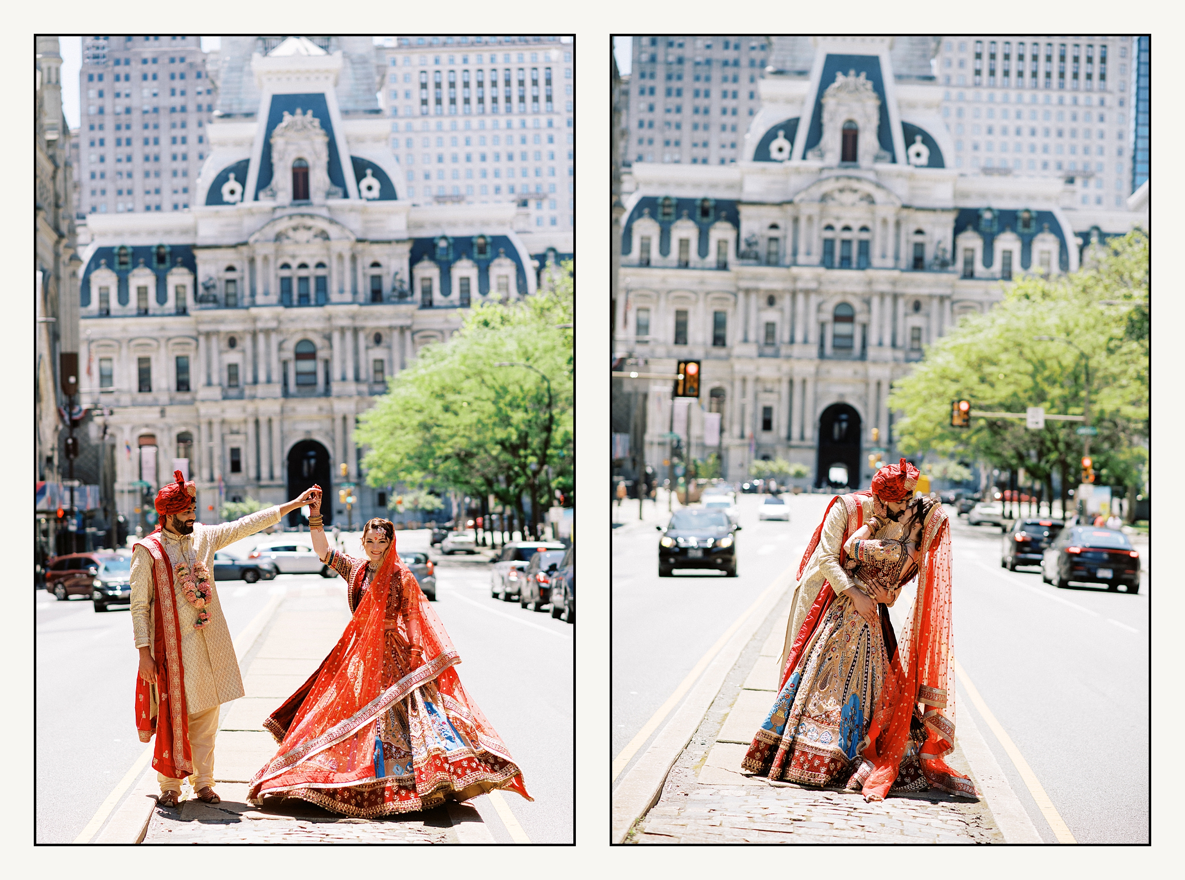 A bride and groom in Indian wedding attire kiss in front of Philadelphia City Hall.