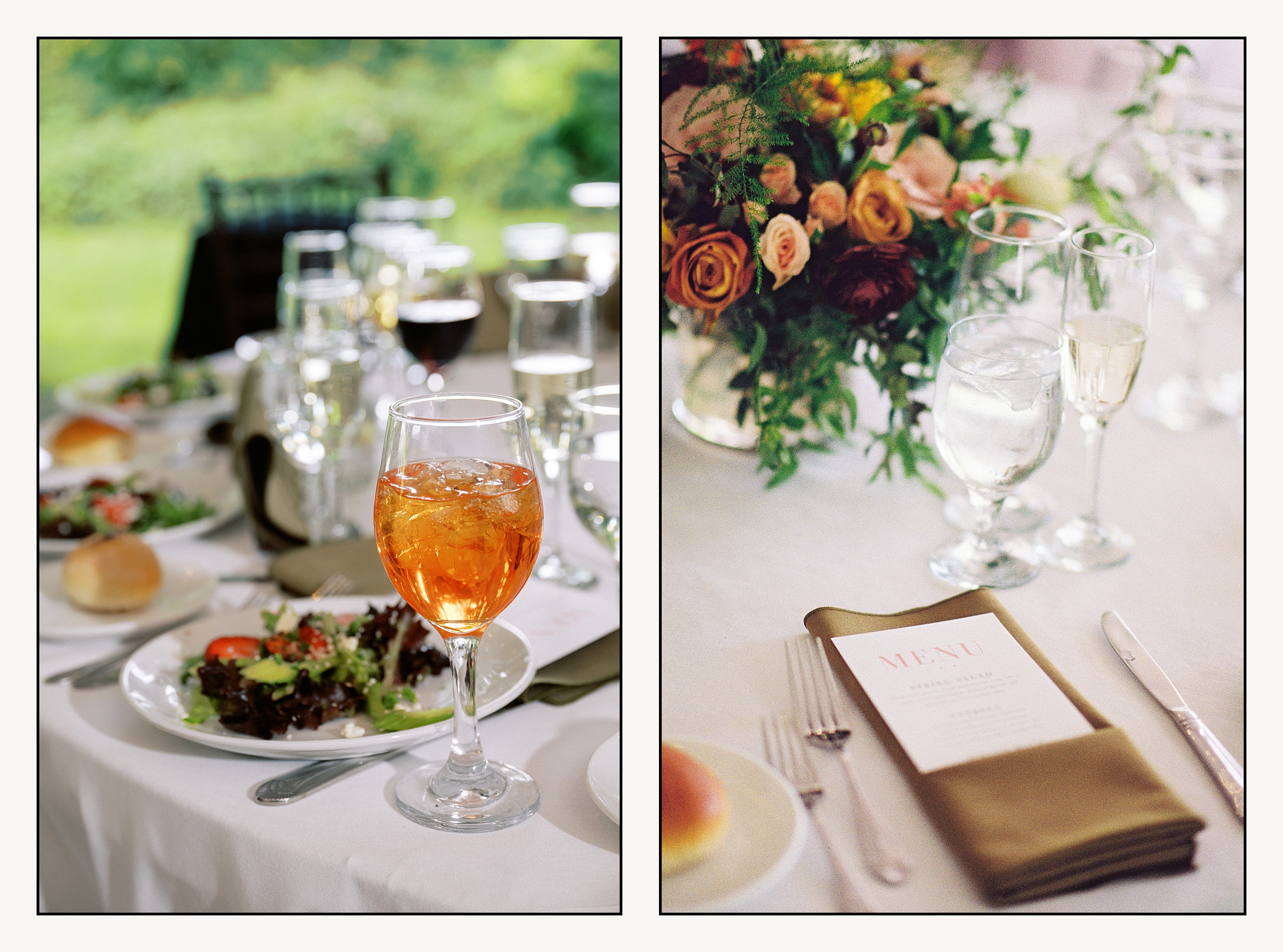 A menu is tucked into a napkin on a table with wedding flowers at a wedding reception.