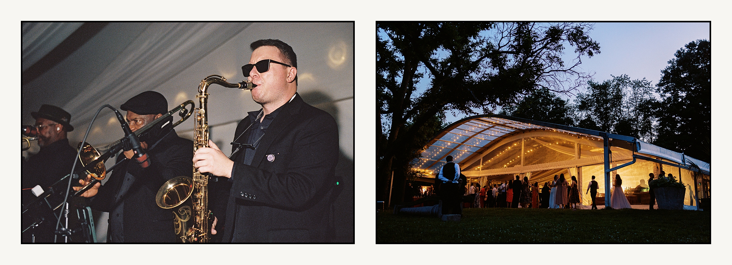 A wedding band plays on a stage in a wedding tent at night.