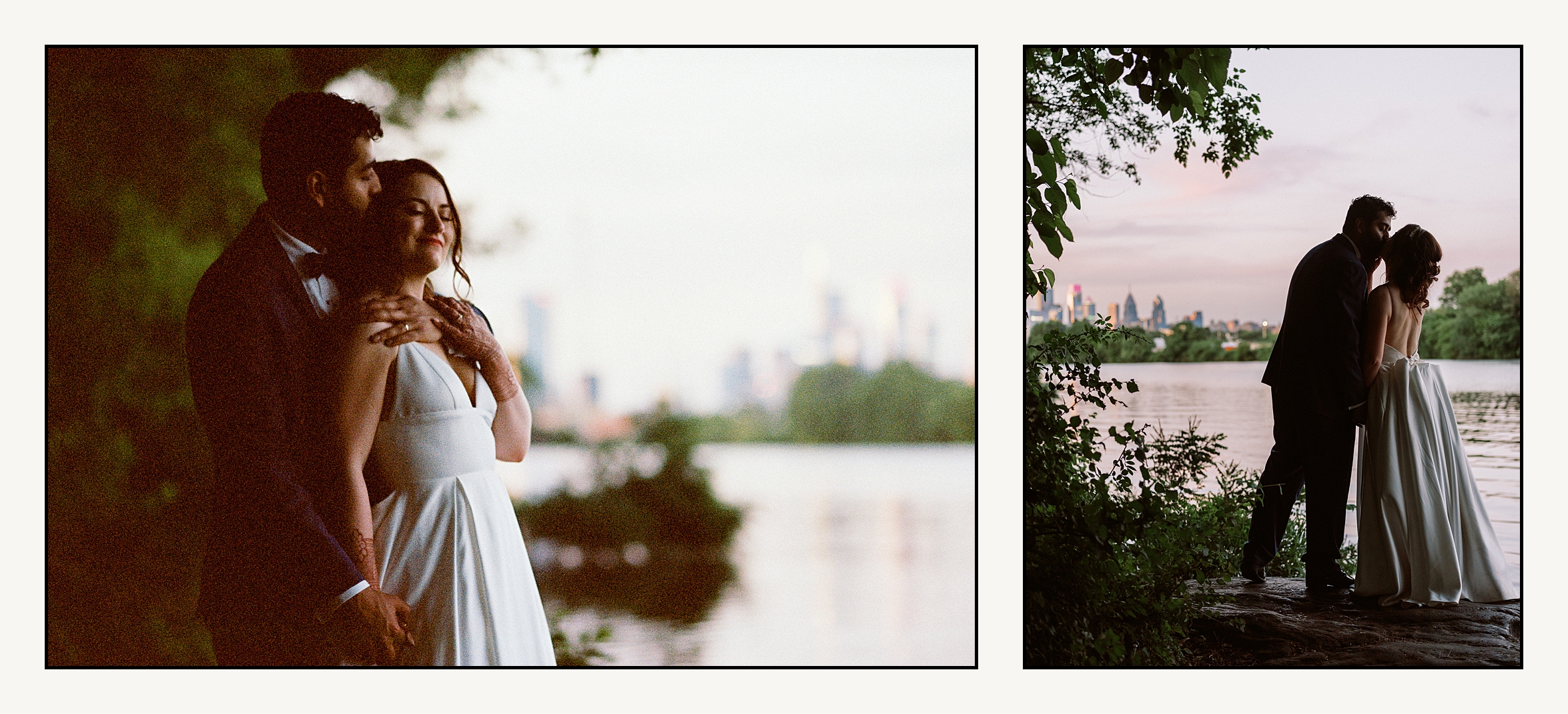 A bride and groom kiss beside a river during sunset with the Philadelphia skyline in the background at a Bartram's Garden wedding.