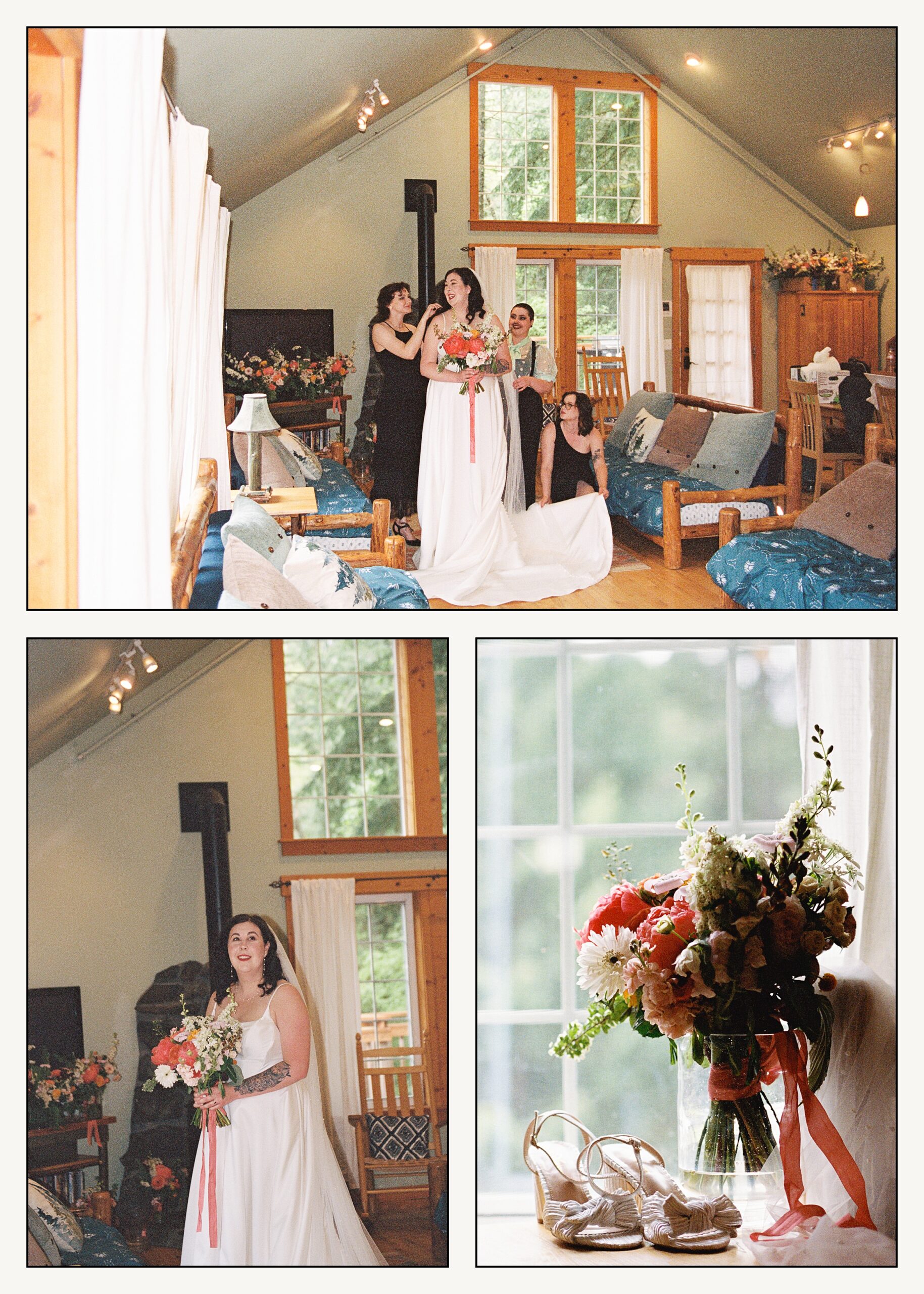 Bridesmaids help a bride adjust her white wedding dress inside an A-frame house before her PNW wedding at Copper Creek Inn.