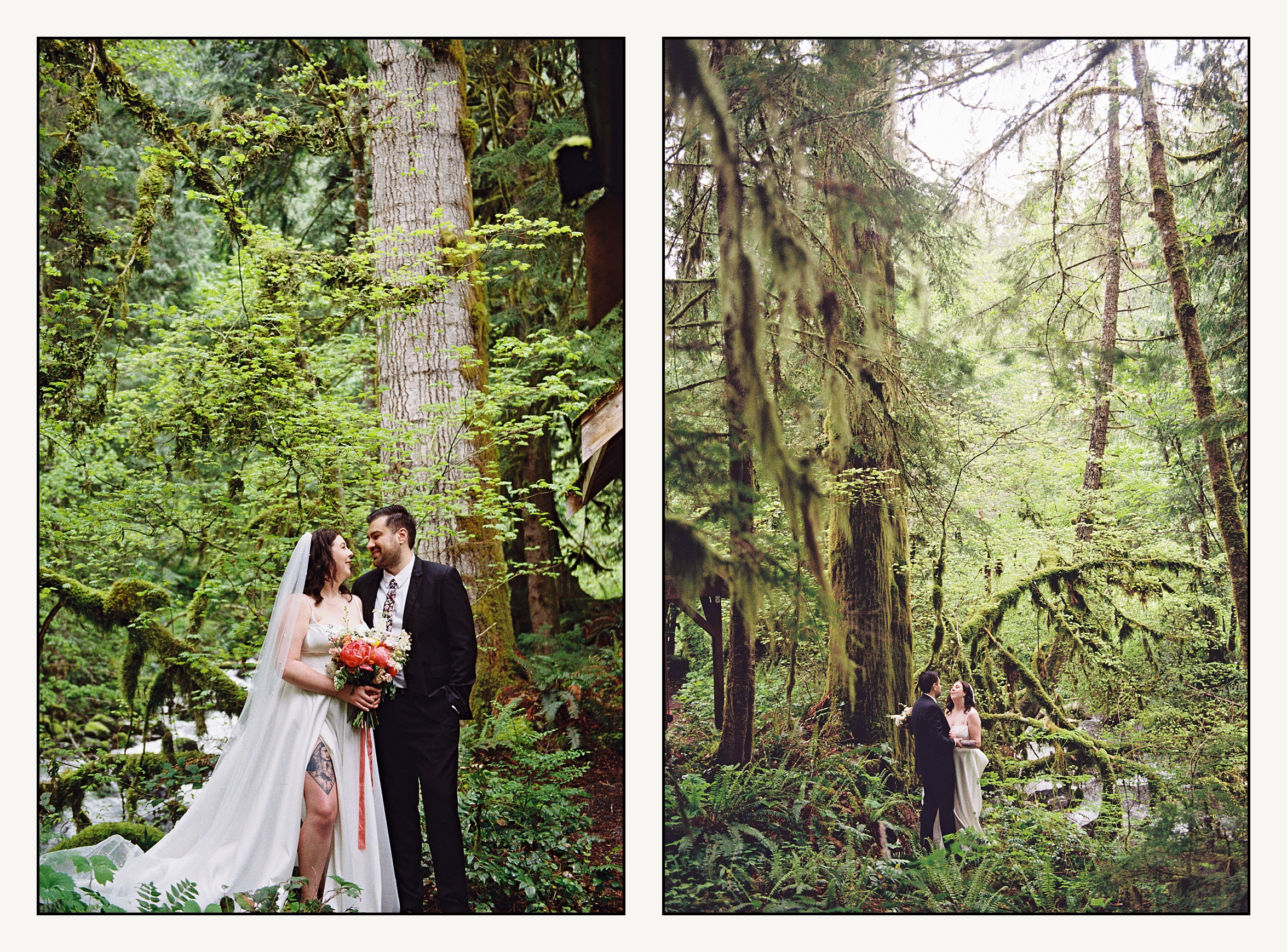 A bride and groom pose for a film wedding photographer in a PNW forest.