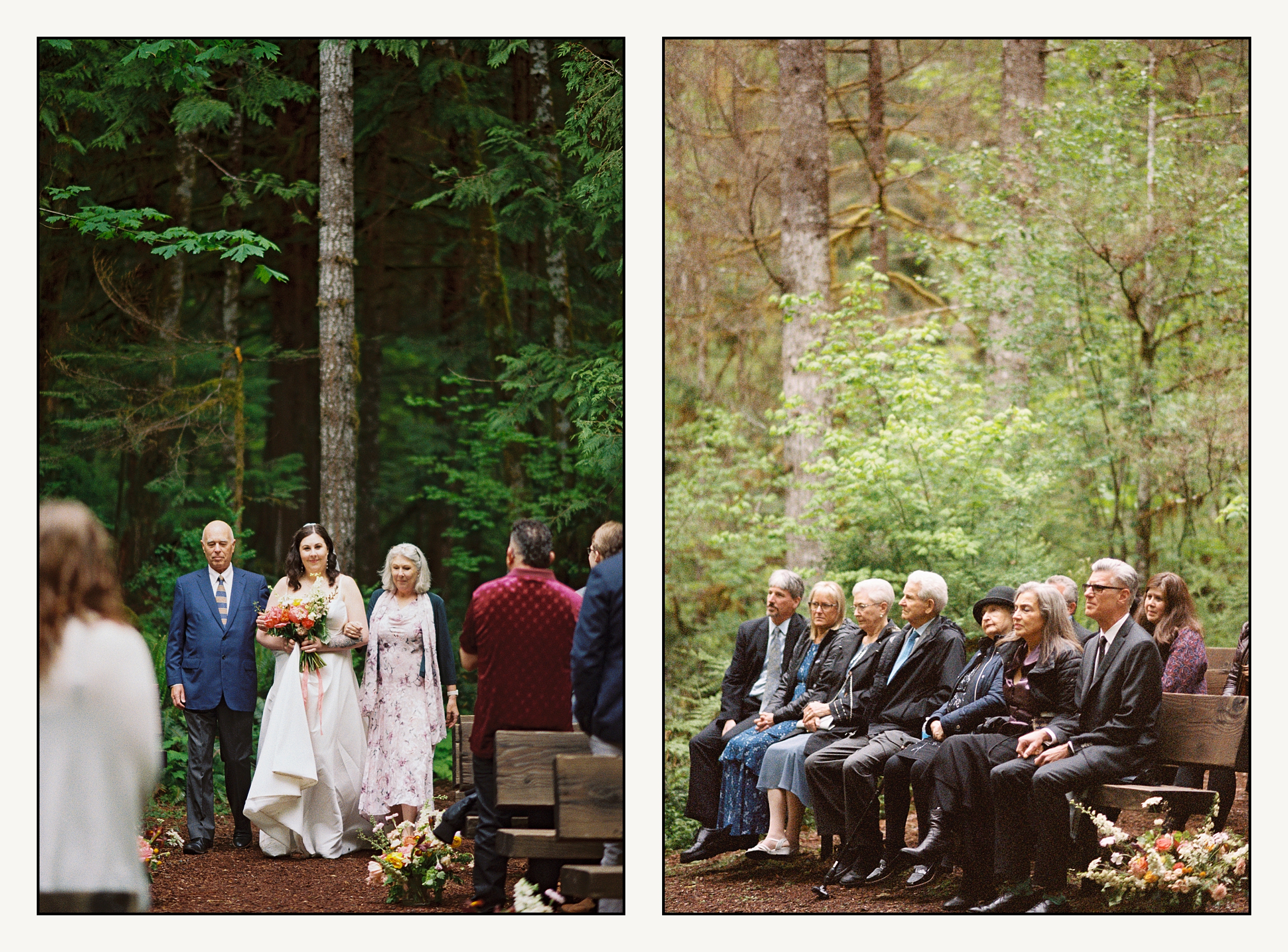 A bride's parents walk her up the aisle at her wedding ceremony in the forest at Mt. Rainier.