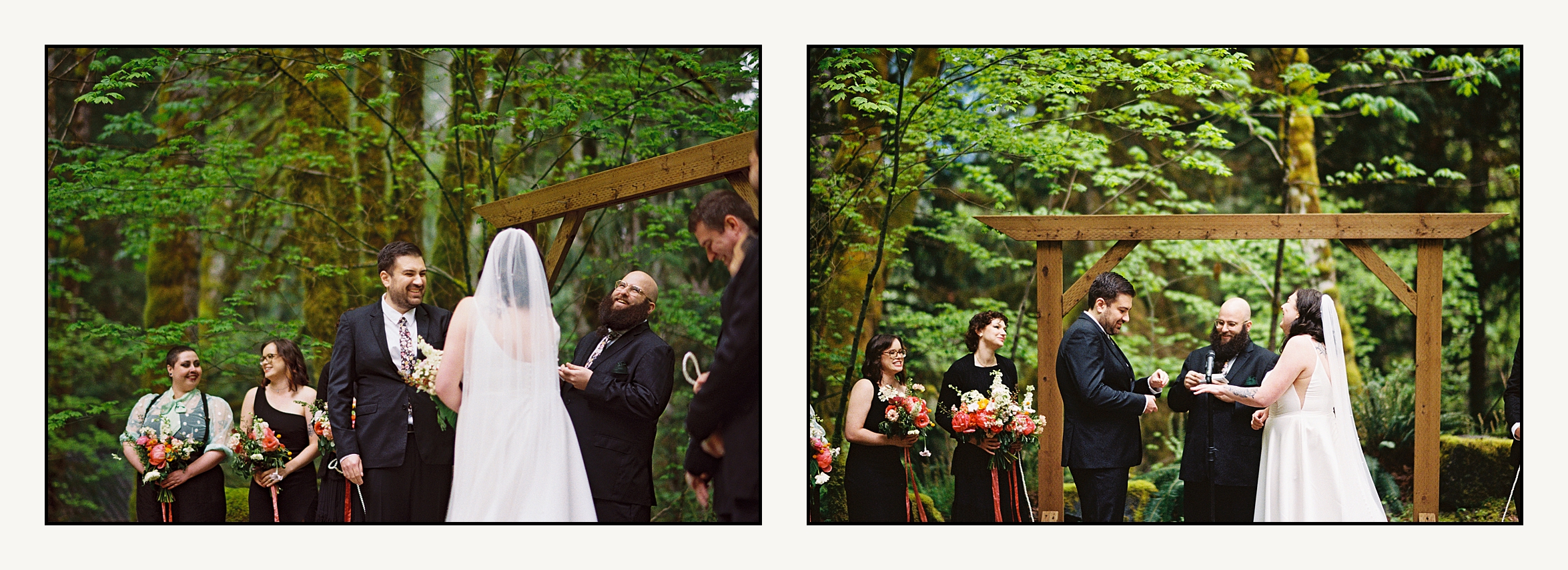 A groom and officiant laugh while a bride reads her vows in candid wedding photos on film.