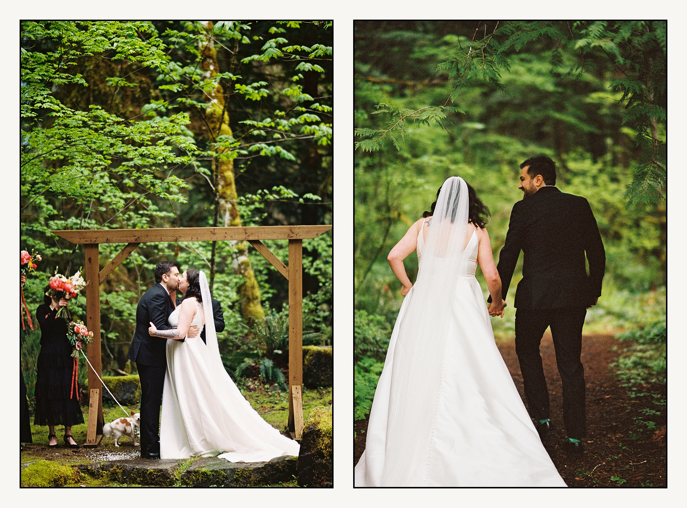 A bride and groom kiss under a wooden arch at the end of their Copper Creek Inn wedding ceremony.