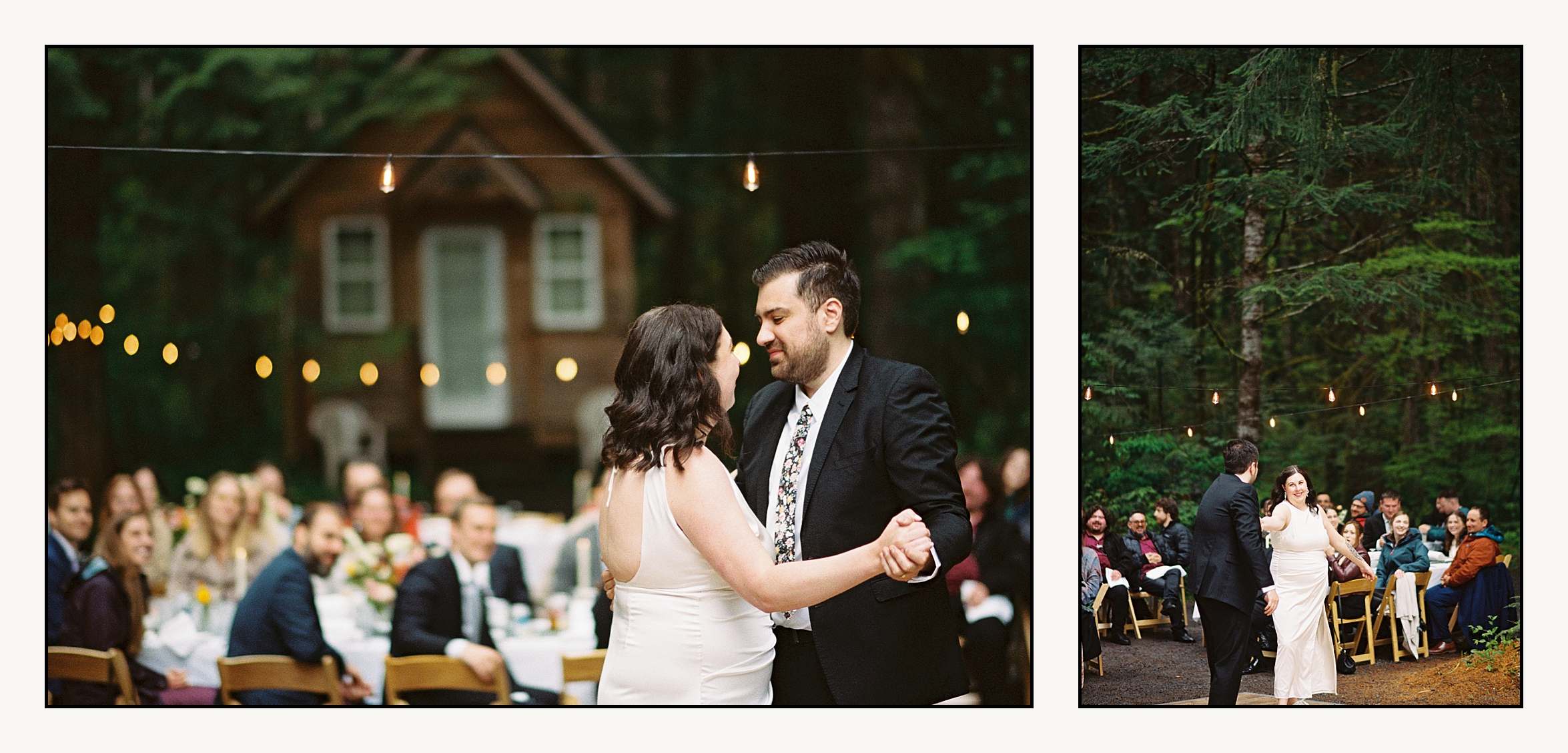 A bride and groom dance while guests watch from reception tables outside Copper Creek Inn.