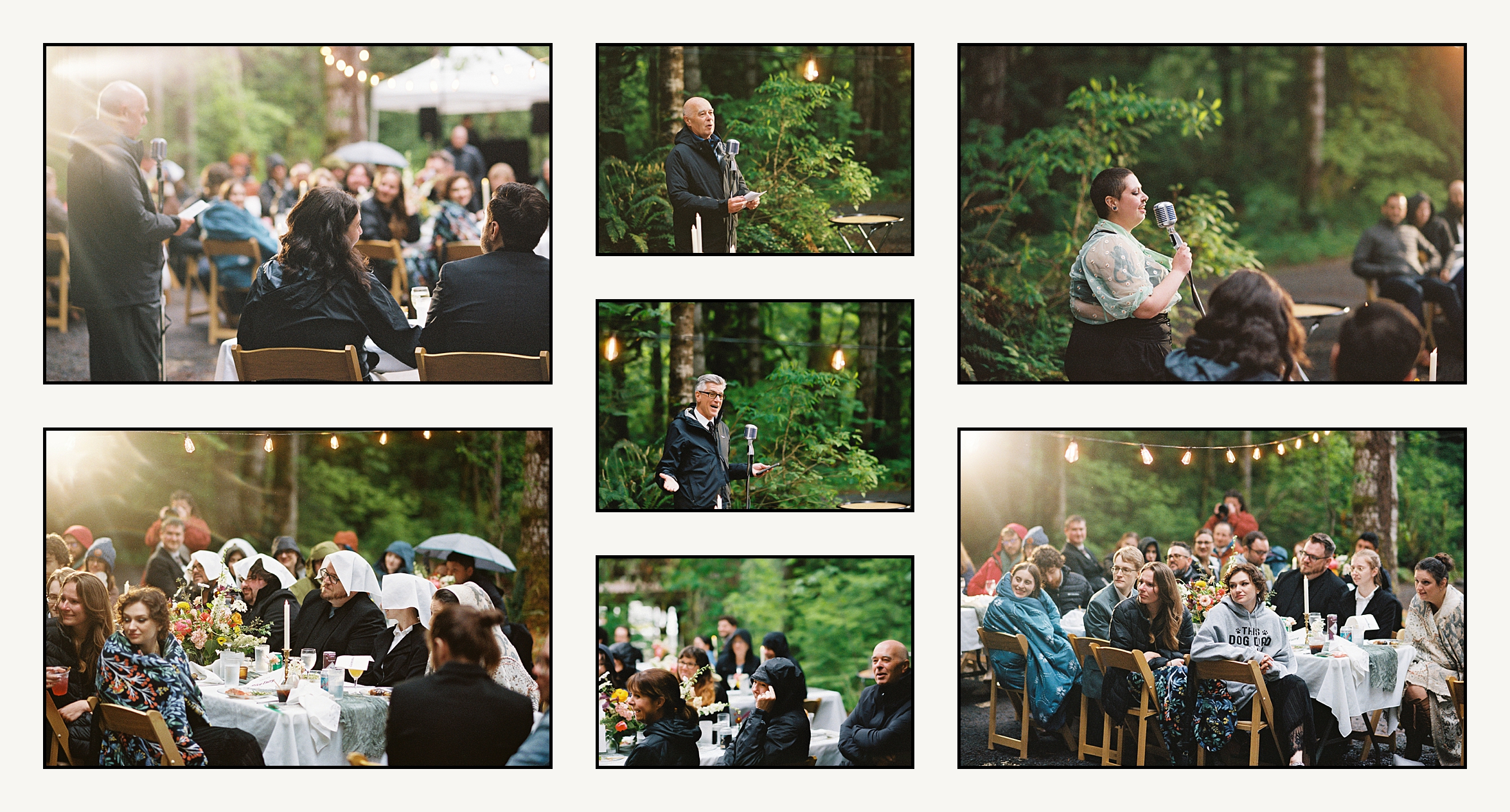 Guests hold umbrellas over their heads while they listen to speeches at a PNW wedding.