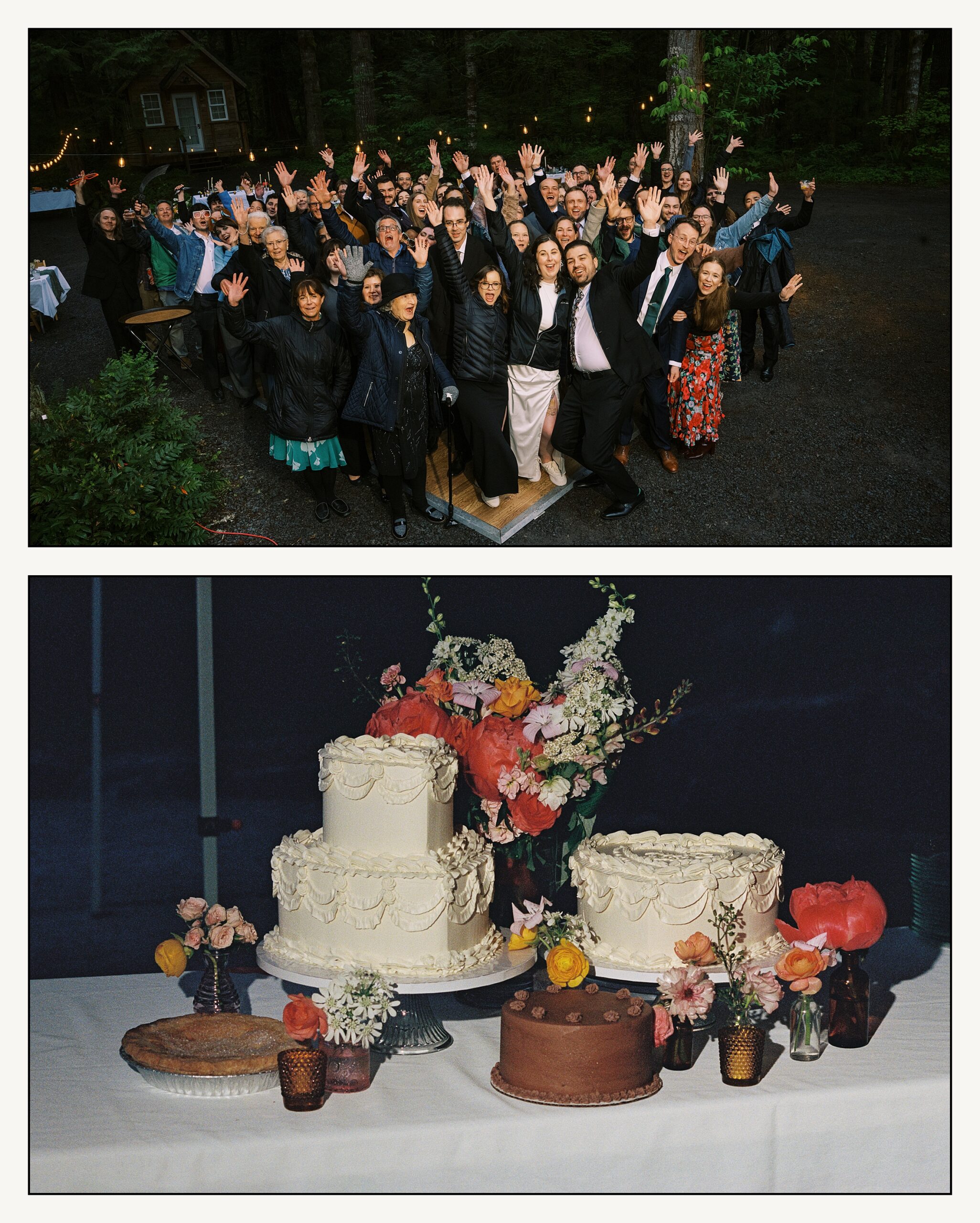 Vintage wedding cakes sit on a dessert table with vases of flowers in a film wedding photo.