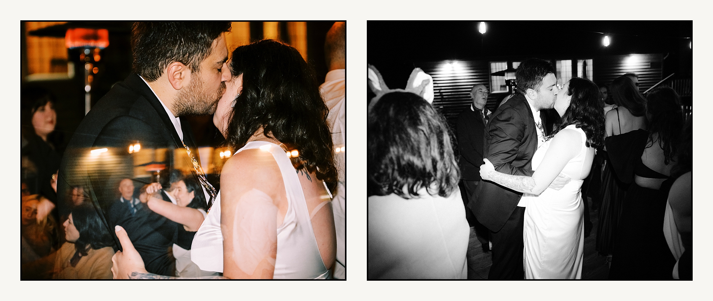 A bride and groom kiss in the middle of the dance floor.