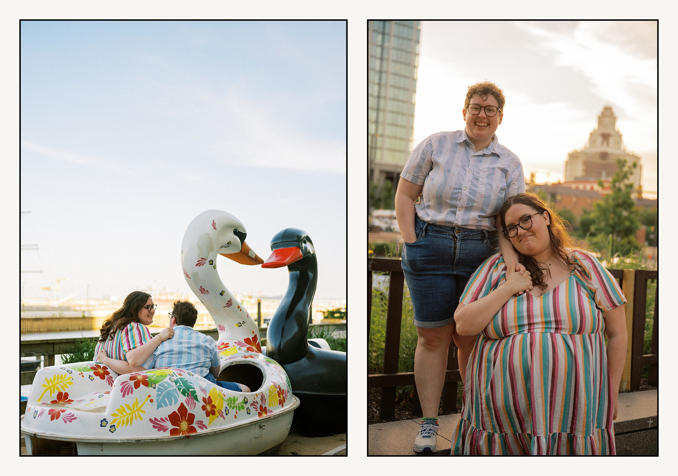 An engaged couple sits with their arms around each other in a swan boat in Penn's Landing engagement photos.